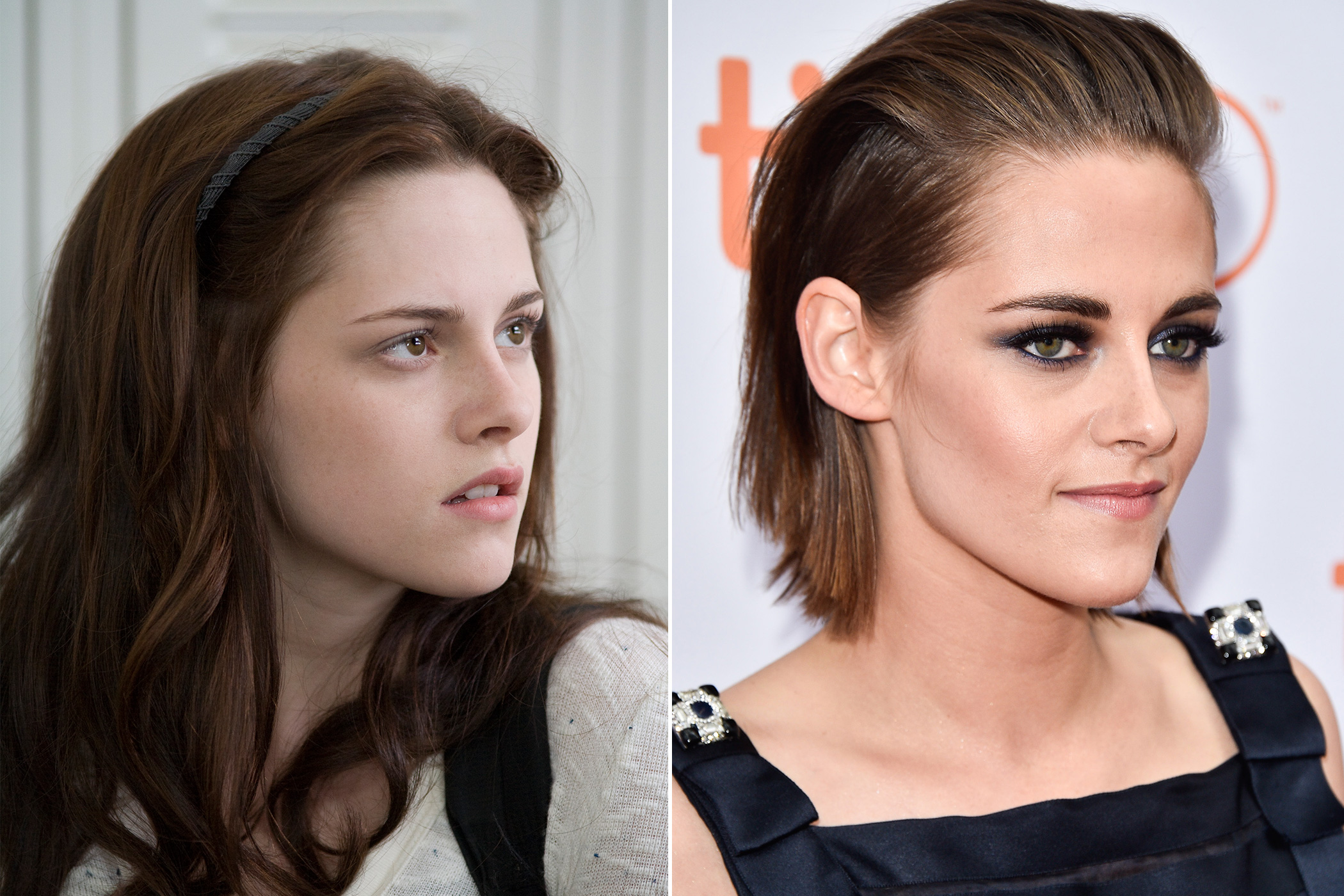 Left: Kirsten Stewart as Bella Swan in Twilight, 2008; Right: in 2015