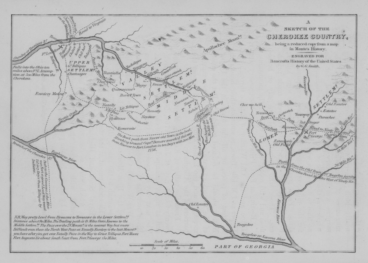 Sketch map of the Cherokee Country in Southeastern USA, originally from Mante's History, showing rivers, settlements and routes from late 18th century. (Archive Photos&mdash;Getty Images)