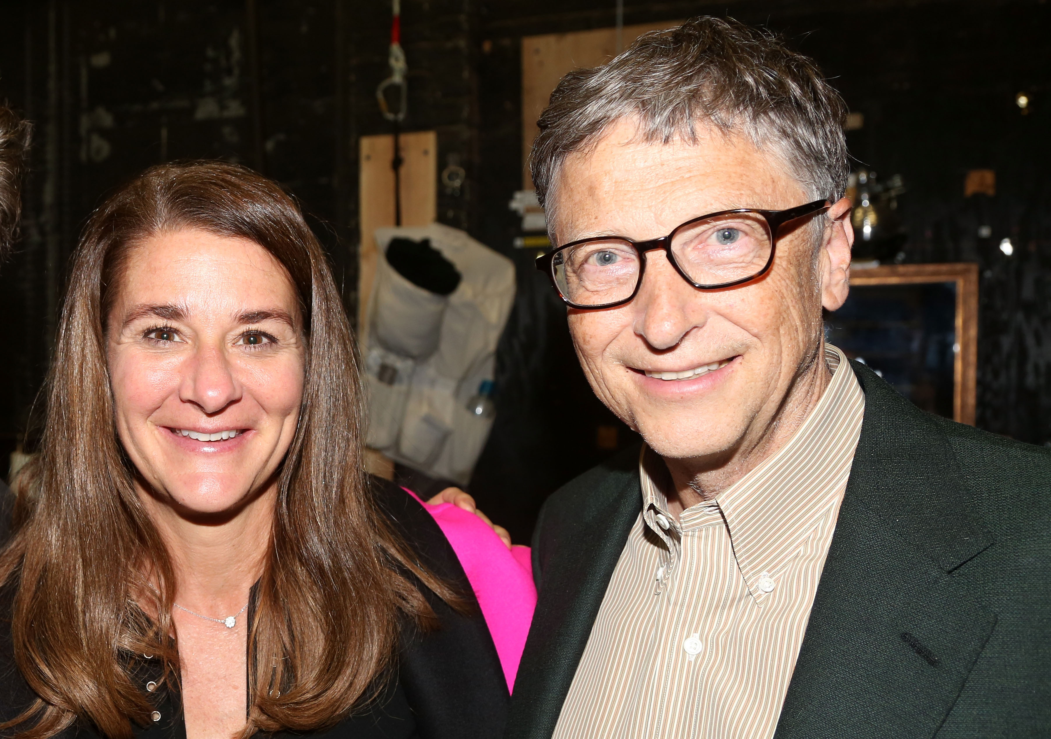 Melinda Gates and husband Bill Gates pose backstage at the hit musical 'Hamilton' on Broadway at The Richard Rogers Theater on October 11, 2015 in New York City.