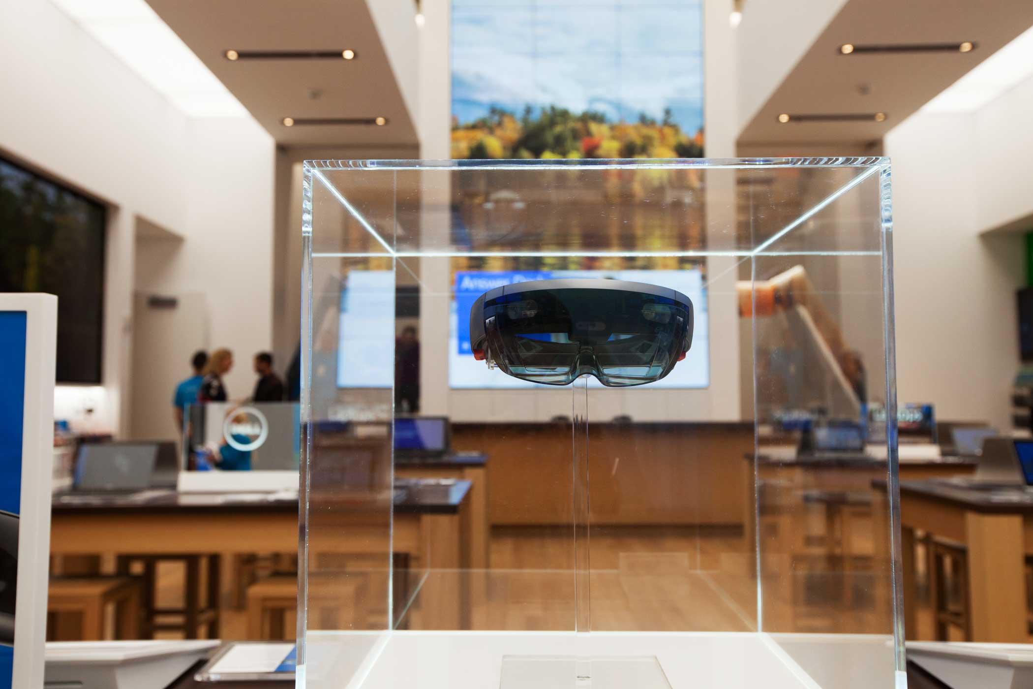 The Hololens, Microsoft's virtual reality headset, is on display but  not yet available for live demonstrations.