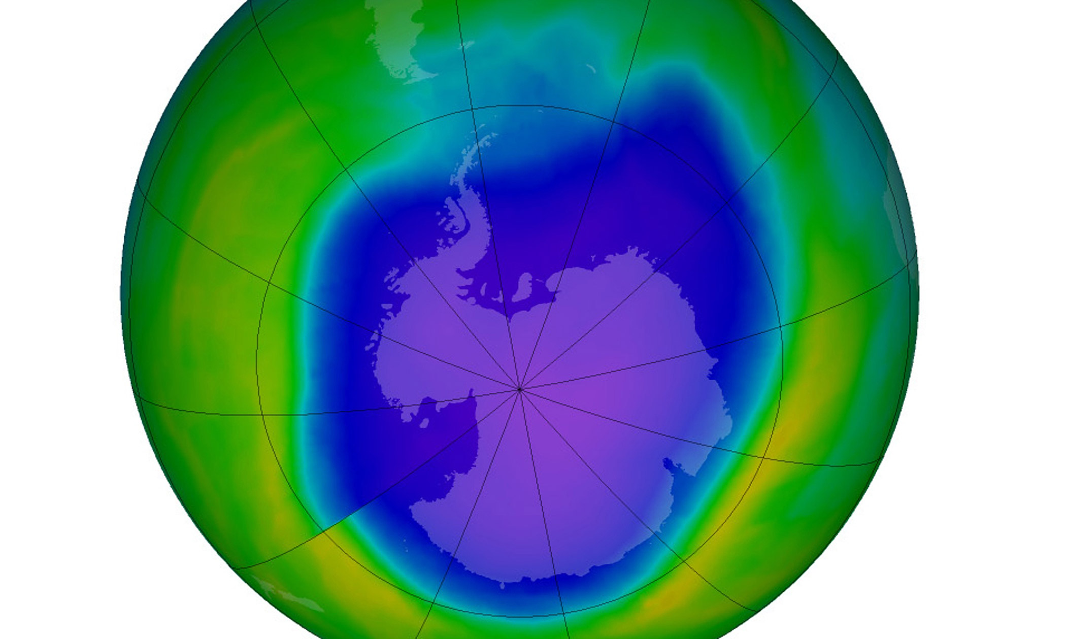 Image of the largest Antarctic ozone hole ever recorded (September 2006), over the Southern pole. (NASA)
