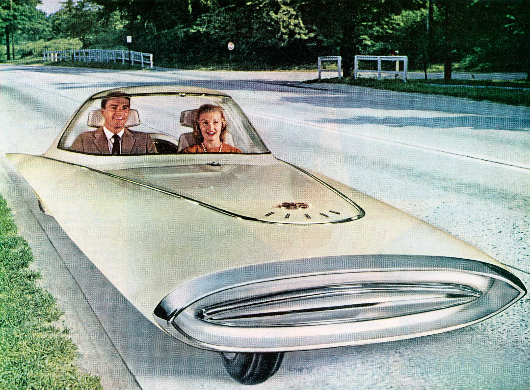 Vintage illustration of a futuristic 3-wheeled self-driving 'dream car,' 1961.