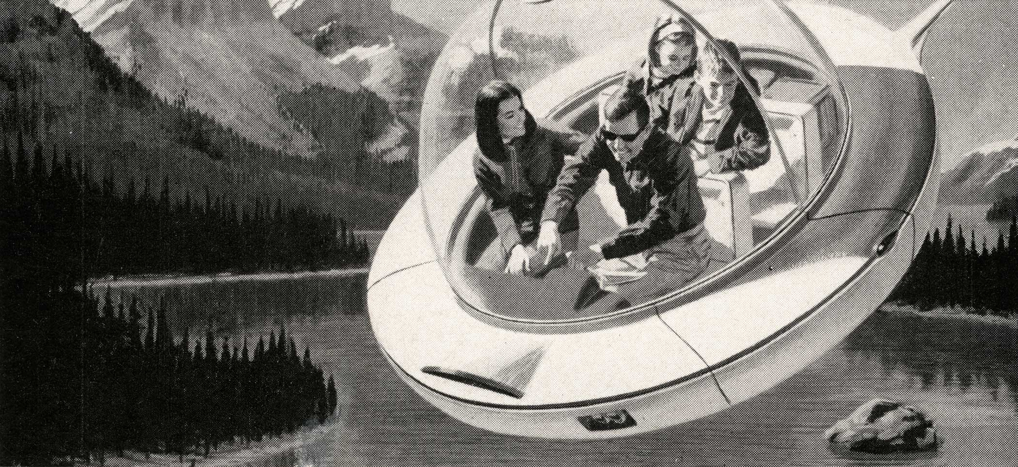 Vintage illustration of a futuristic American family on vacation, with the father driving his wife and two kids in a flying saucer instead of a car, 1950s.