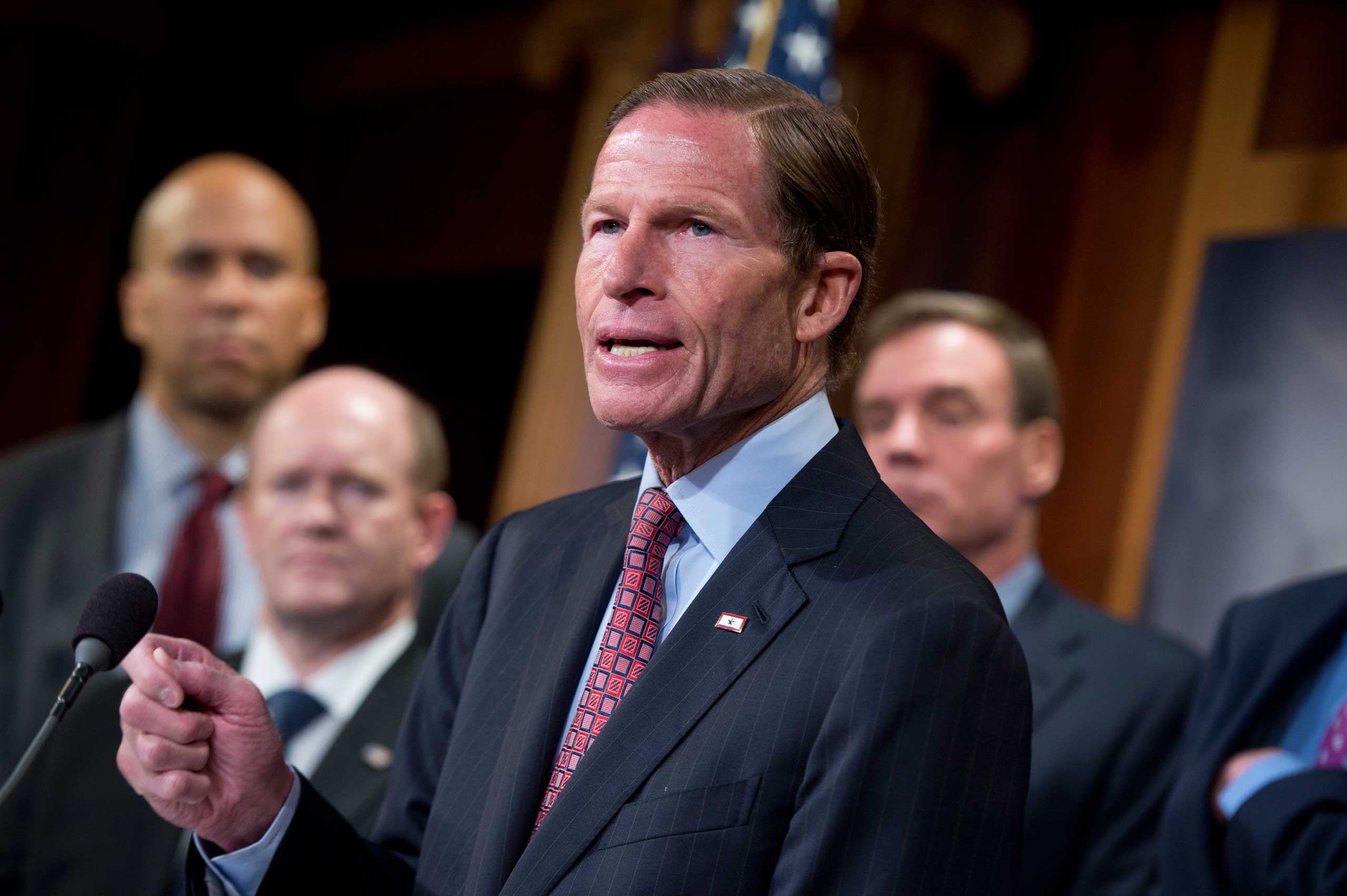 Sen. Richard Blumenthal, D-Conn., speaks during a news conference in the Capitol's Senate studio to introduce the Iran Policy Oversight Act of 2015, Oct. 1, 2015. (Tom Williams—Getty Images)