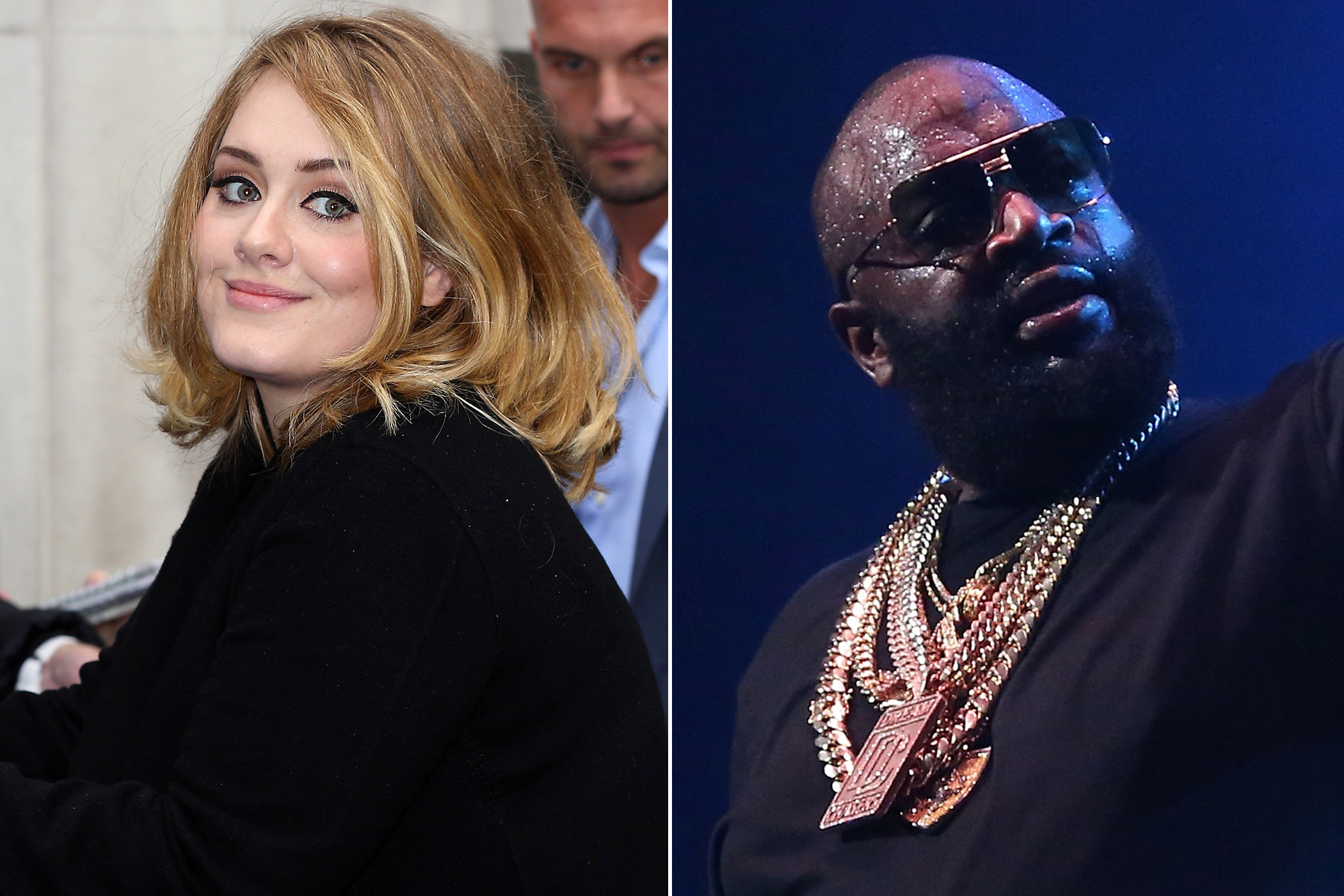 <i>Left</i>: Adele on Oct. 23, 2015 in London; <i>Right</i>:  Rick Ross on Oct. 22, 2015 in New York City. (Neil Mockford—Getty Images; Taylor Hill—FilmMagic/GettyImages)