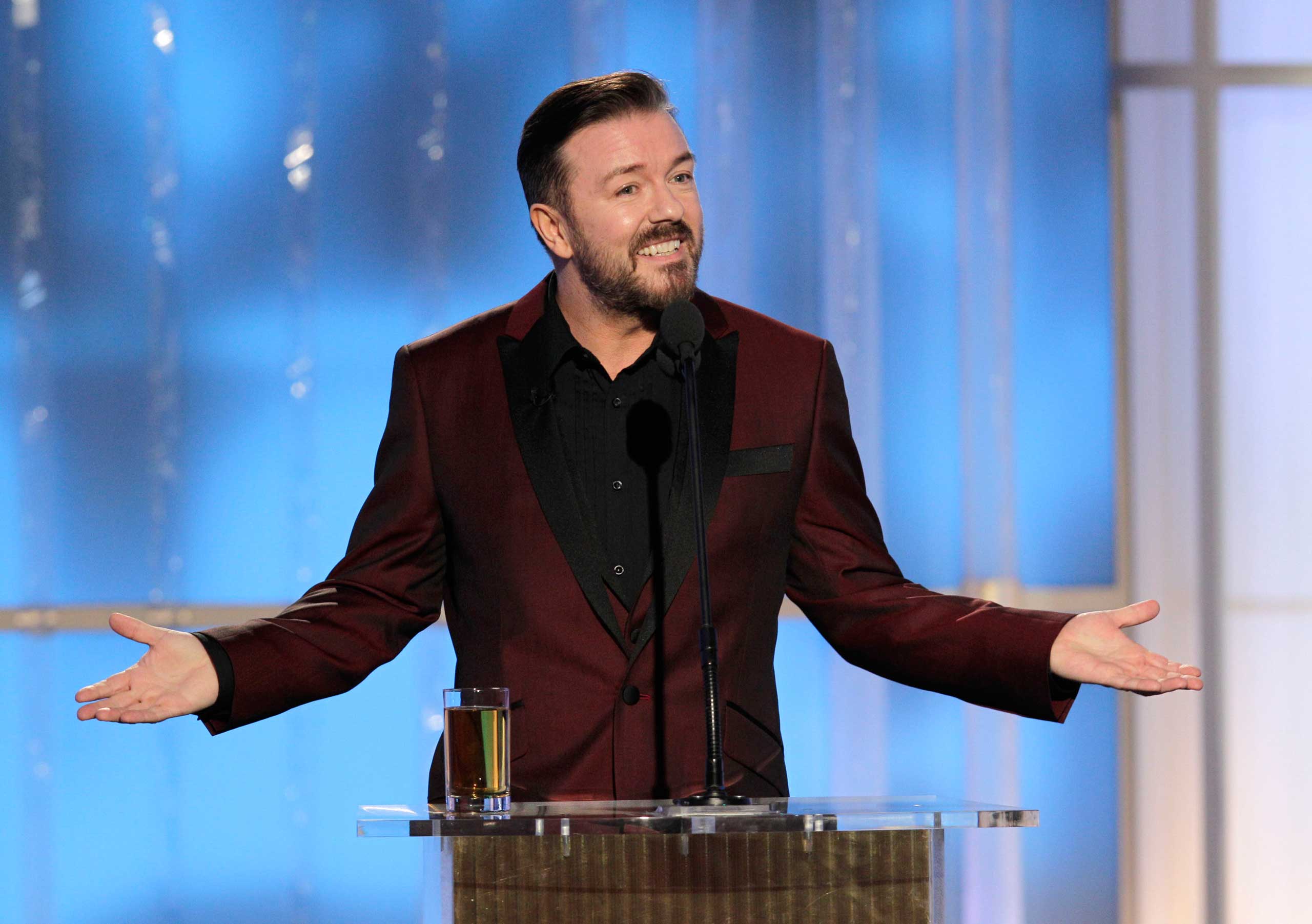 Ricky Gervais onstage during Golden Globe Awards in 2012. (Paul Drinkwater—NBC/Getty Images)