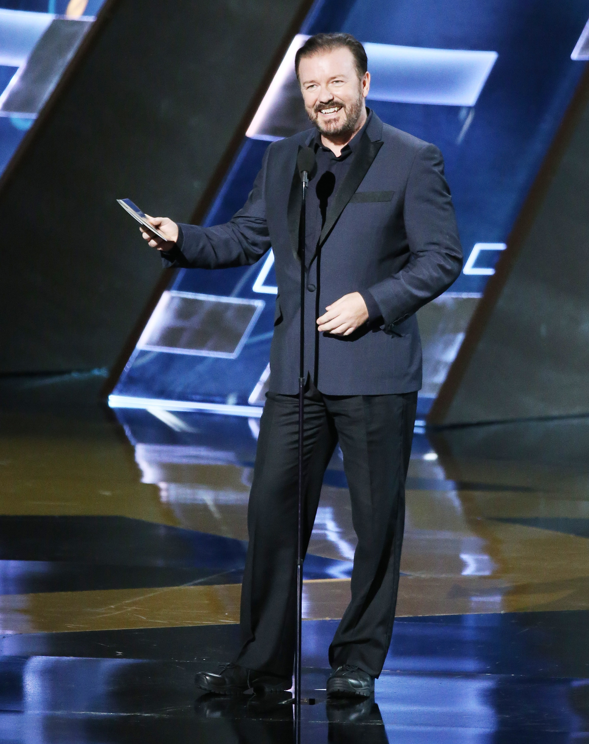 Ricky Gervais onstage during the 67th Annual Primetime Emmy Awards held at Microsoft Theater in Los Angeles, on on Sept. 20, 2015. (Michael Tran&mdash;FilmMagic/Getty Images)