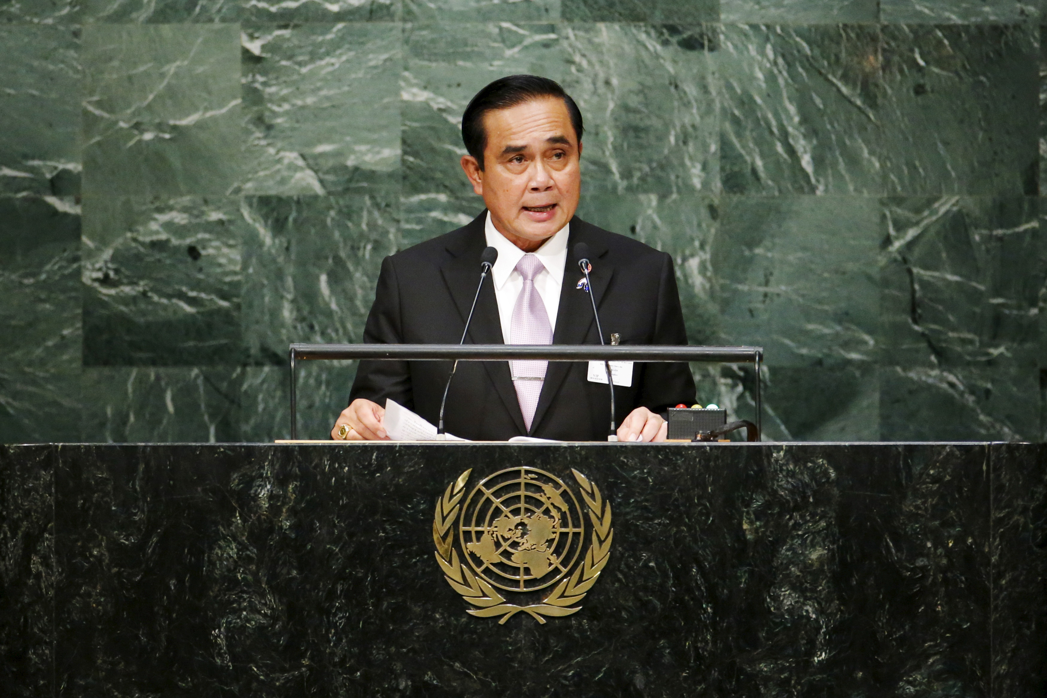 Thailand's Prime Minister Prayuth Chan-ocha speaks before attendees during the 70th session of the U.N. General Assembly in New York City on Sept. 29, 2015 (Eduardo Munoz—Reuters)