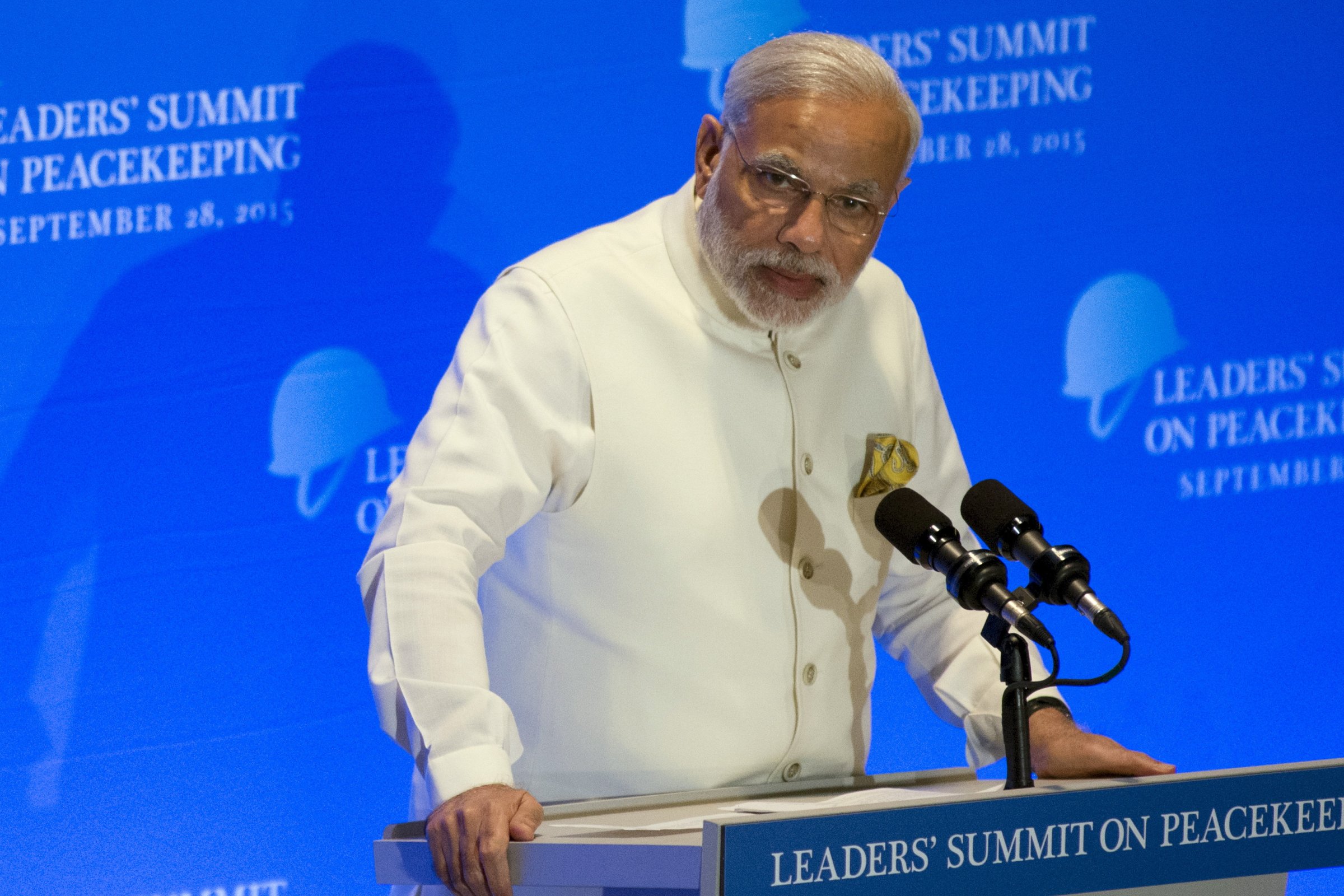 India's Prime Minister Narendra Modi delivers remarks during a Leaders' Summit on Peacekeeping to coincide with the United Nations General Assembly at the United Nations in Manhattan, New York