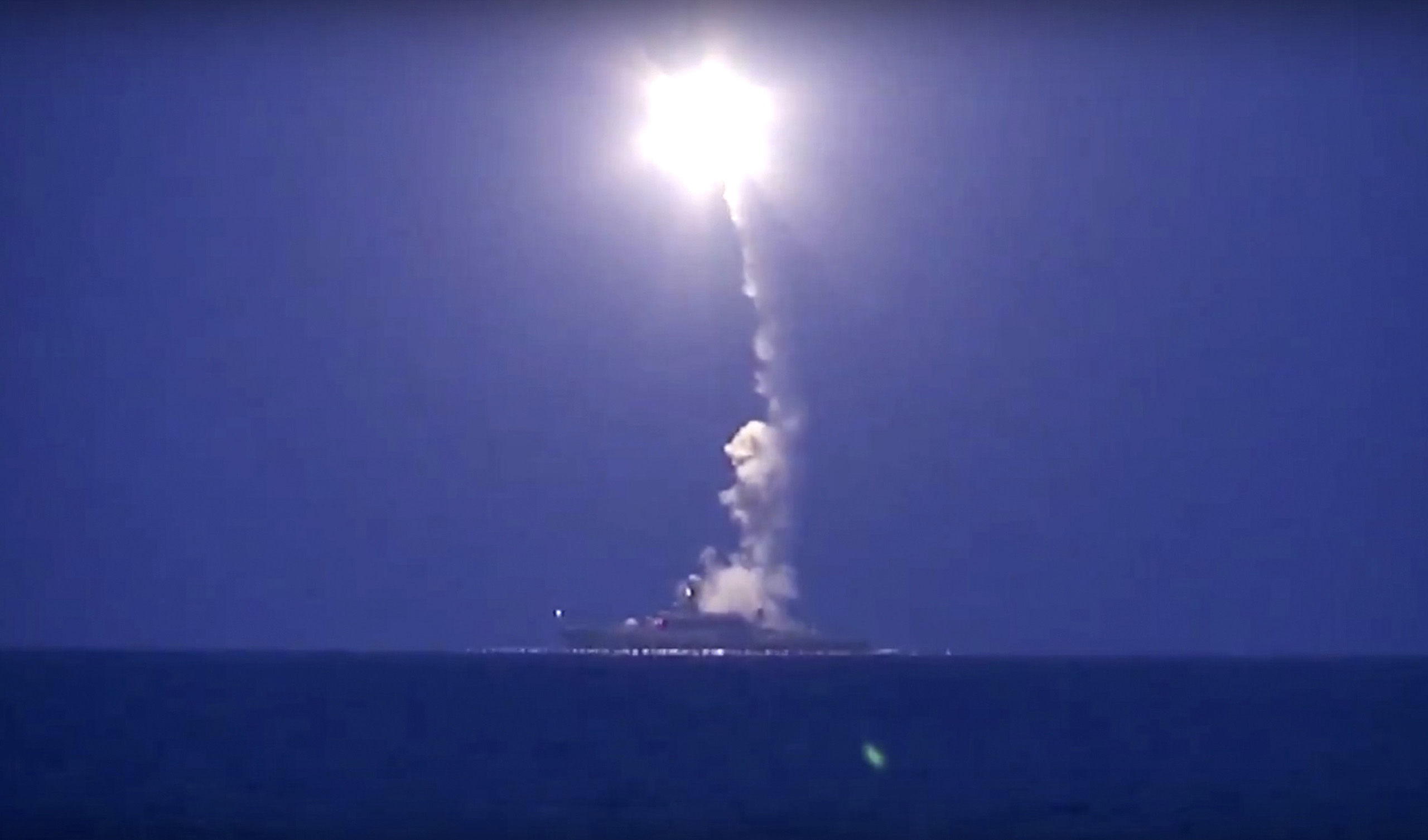 Footage released by the Russian Defense Ministry show air and missile strikes being carried out in early October against targets in Syria. (AP)