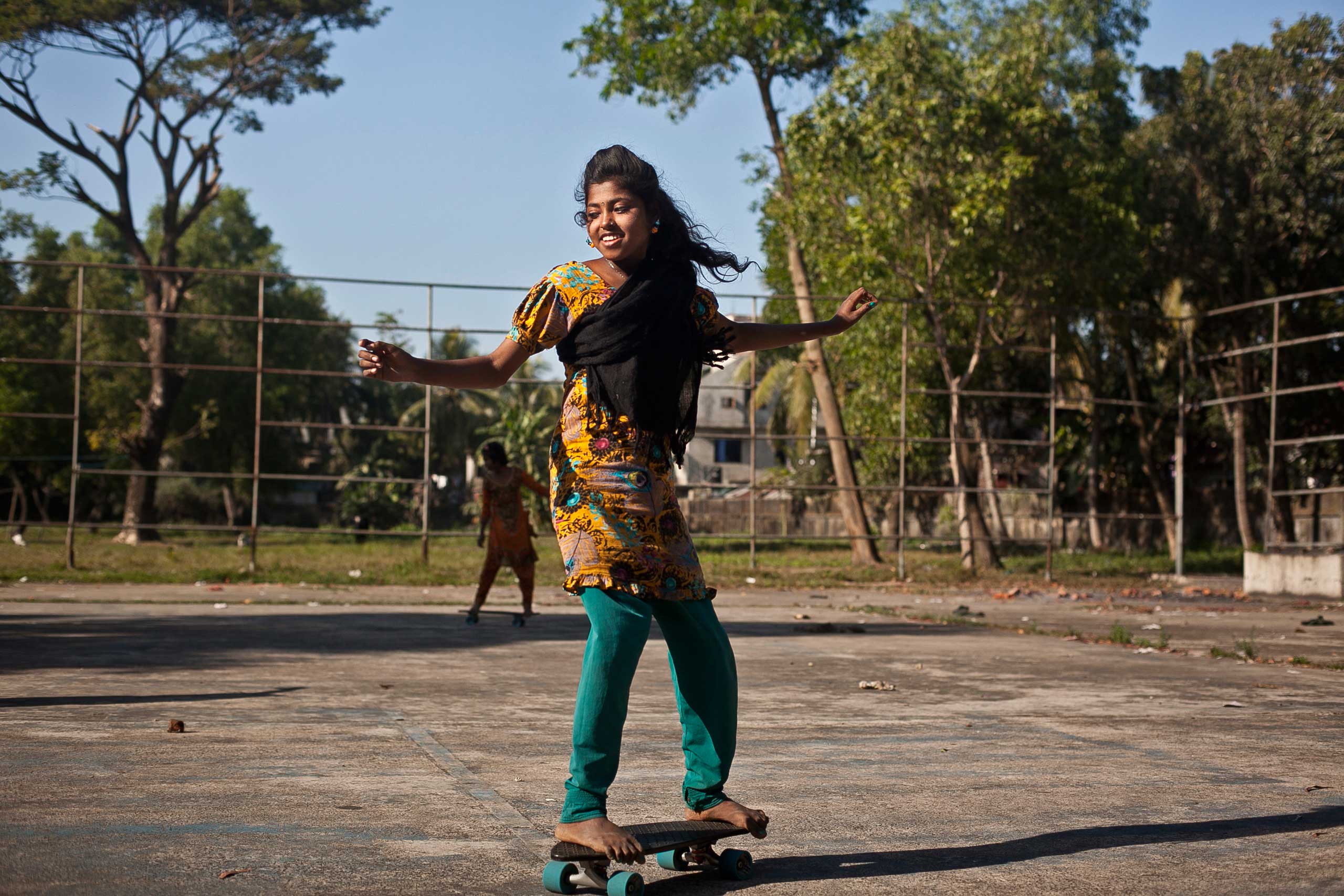 Nargis skateboards after tutoring, Jan. 2015.