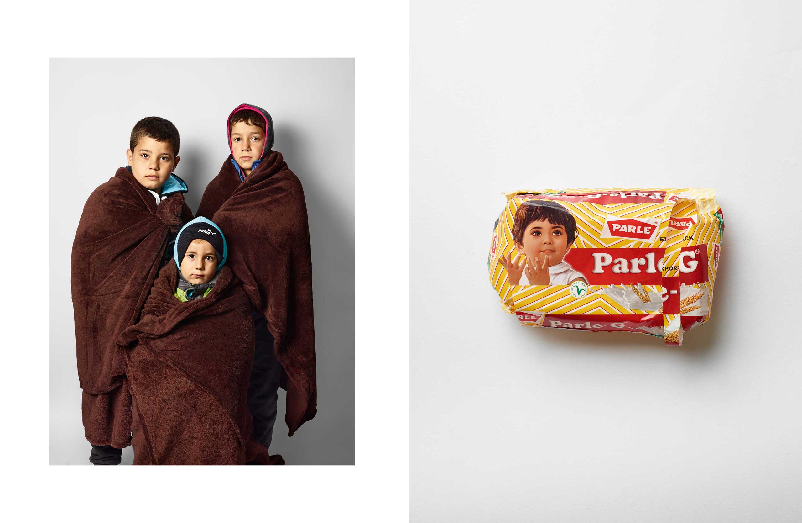 (from left back) Kader, 9, and Muhammed, 10 with (front) Caesar,
                               3, from Syria; “We came on a boat. We don’t have anything. They gave us these biscuits here. Traveling
                               with children is hard.” — the boys’ mother, Shakrea, 26