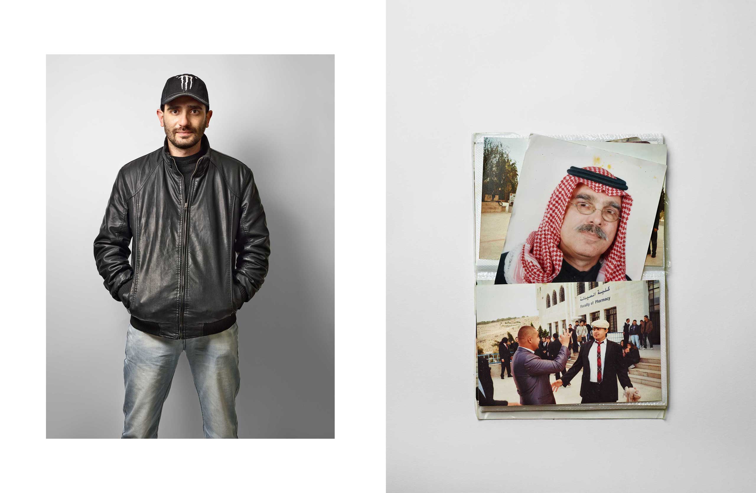 Ahmad, 27, from Syria; “My father [top photo] is a lawyer. He’s in Jordan with my mother and brother and
                               sister. In Syria there’s nobody. Those [bottom photo] are my friends, taken at a party in university. We were dressed up for a dinner. All my friends are now in Syria, Turkey, Jordan — all split up.”