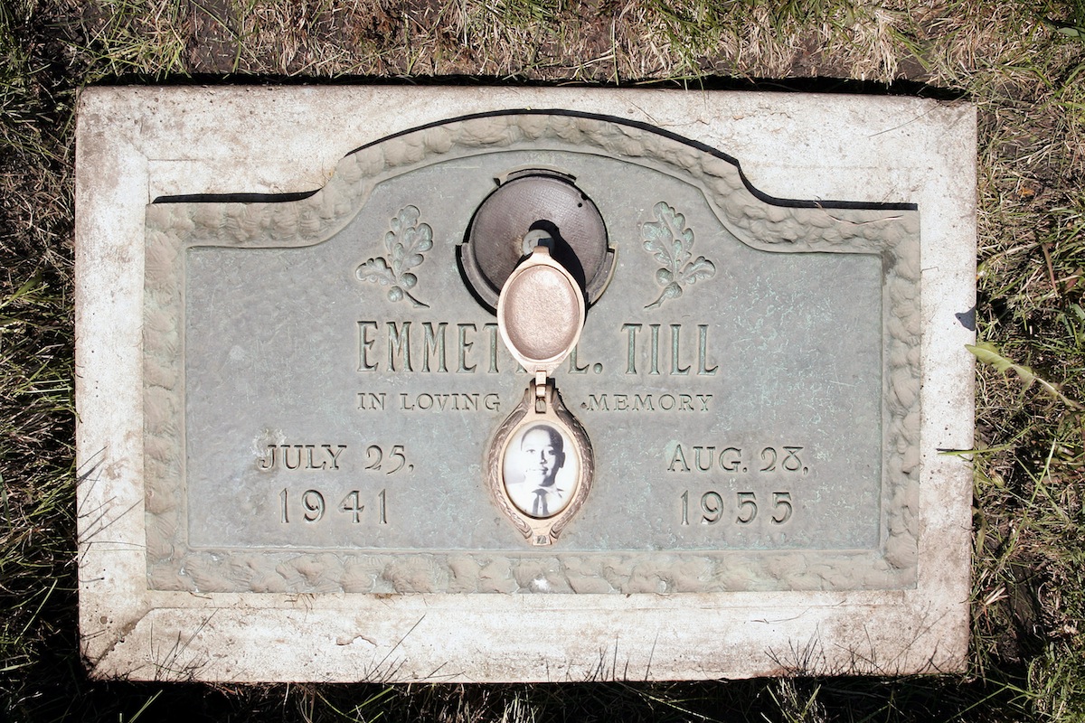 A plaque marks the gravesite of Emmett Till at Burr Oak Cemetery, seen on May 4, 2005 in Aslip, Ill. (Scott Olson&mdash;Getty Images)