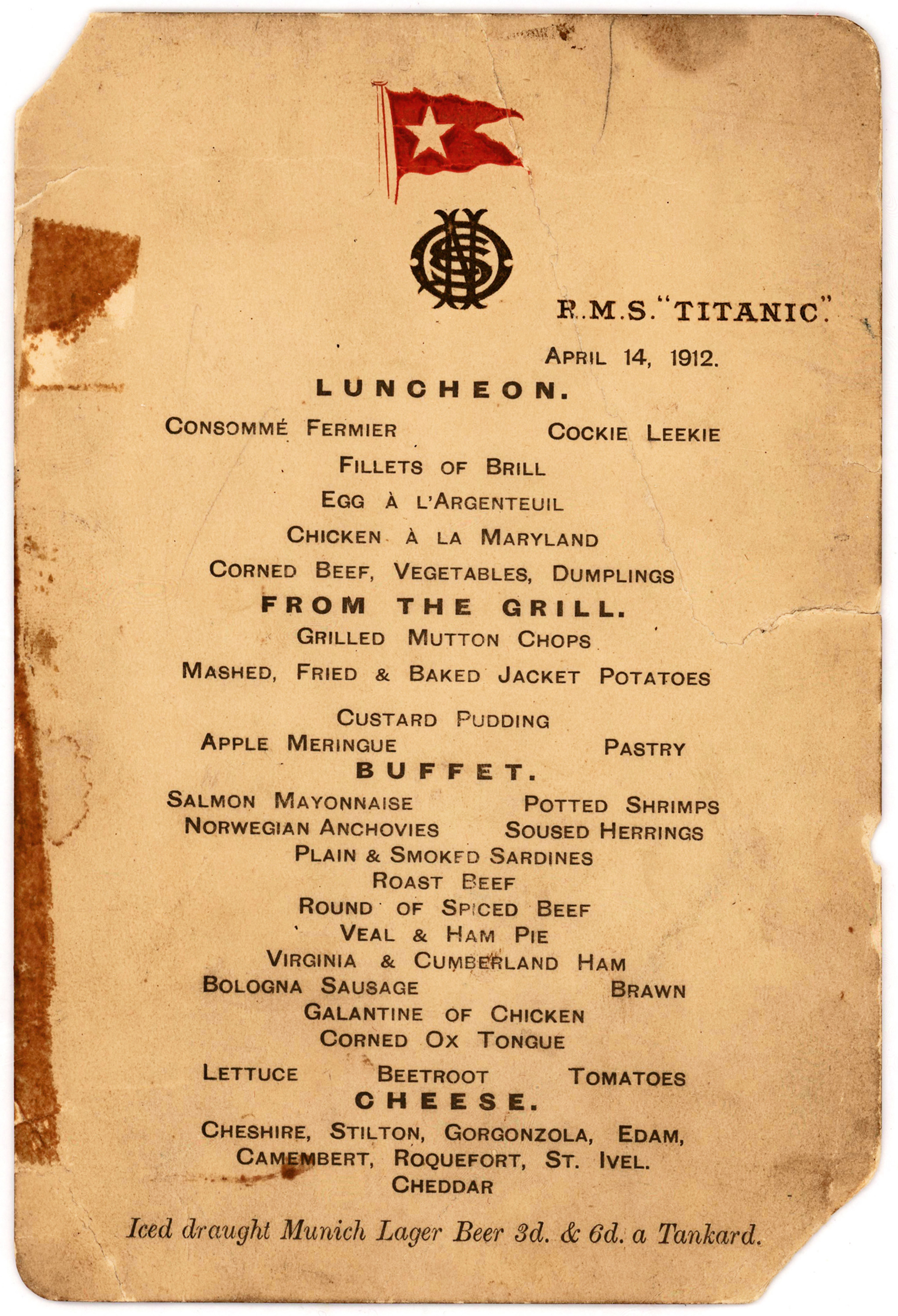 Titanic's last lunch menu, saved by a passenger who climbed aboard the so-called Money Boat before the ocean liner went down ,was sold at an auction on Sept. 30, 2015. (Lion Heart Autographs/AP)