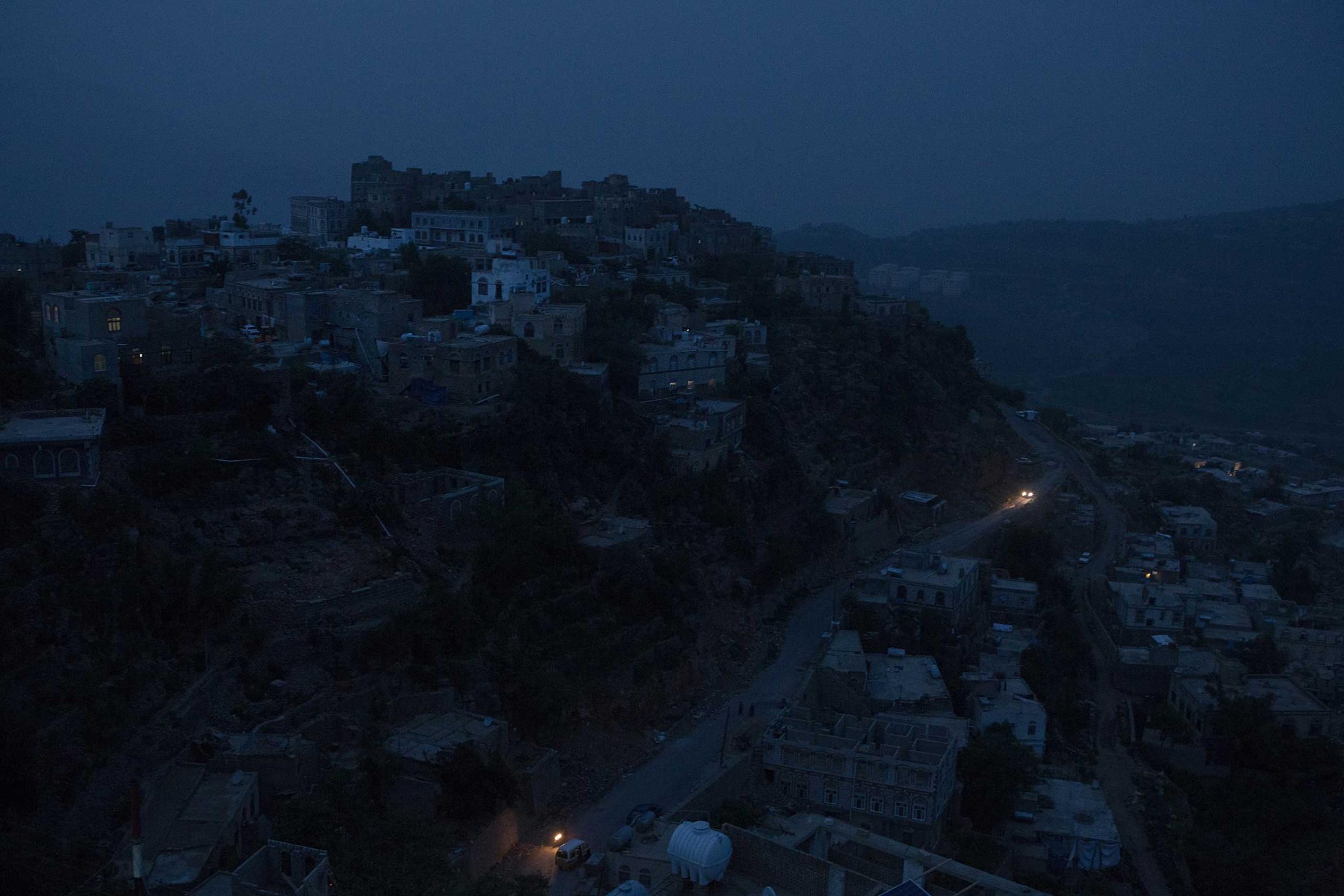 The evening view of the city of Hajjah. Northern provinces of Yemen stay without electricity. As the infrastructure was destroyed in the first days of war, the fuel generators and solar batteries became the only sources of electricity. With the fuel crisis deepening in the country, most of the civilians in the remote areas stay with no access to the electricity sources.