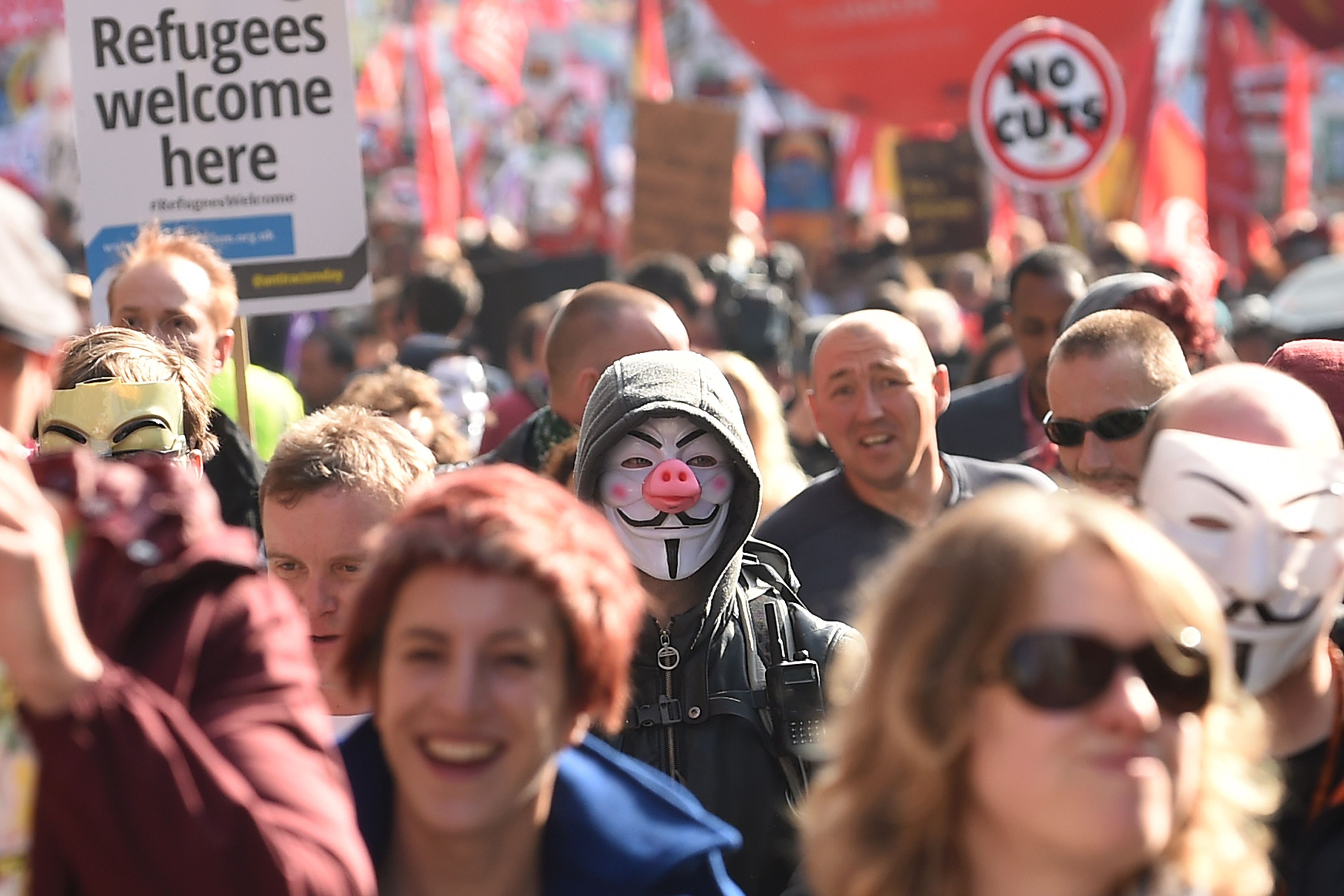Activists during an anti-austerity march ahead of the start of the Conservative Party Conference in Manchester on Oct. 4, 2015. (Joe Giddens—PA Wire/AP)