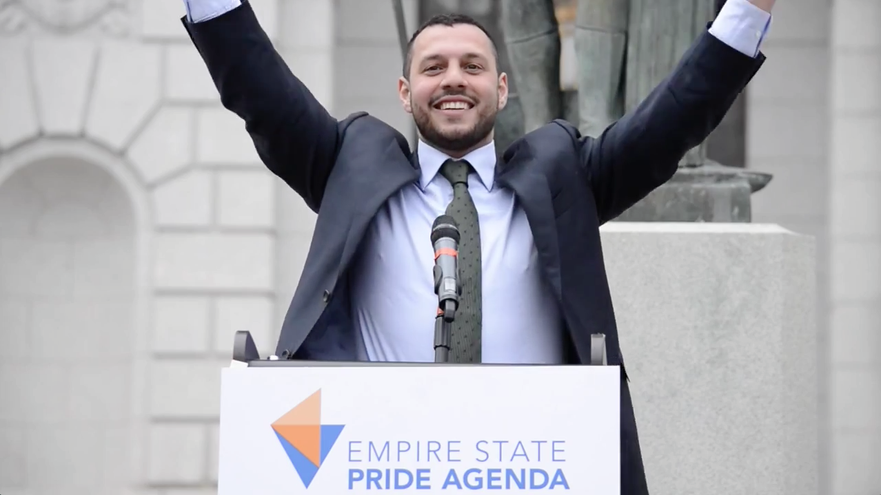 Mathew Shurka in front of the New York State Capital for Equality and Justice Day on April 29, 2014.