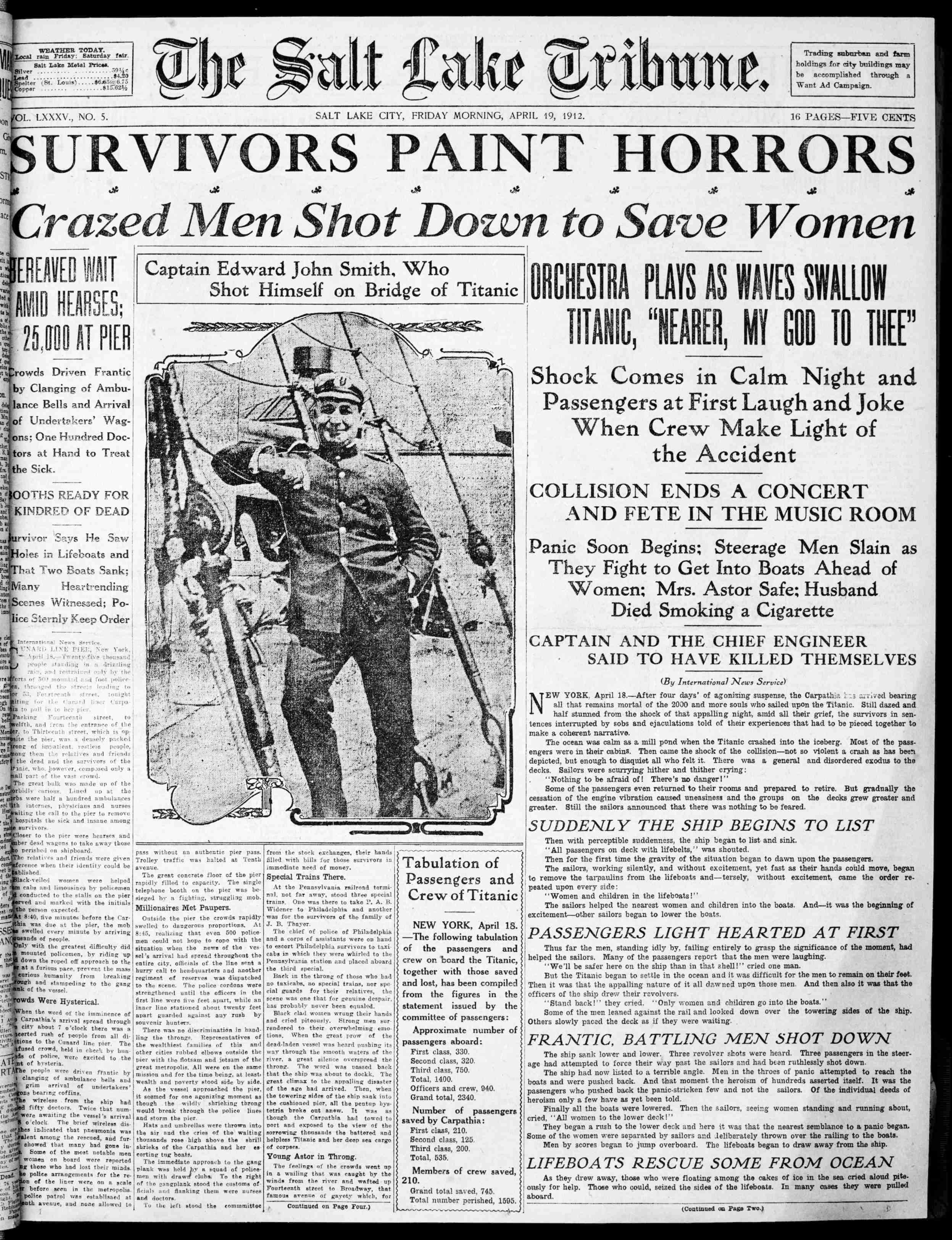 The Salt Lake Tribune. (Salt Lake City, Utah),  April 19, 1912. Front page news: The sinking of the Titanic.