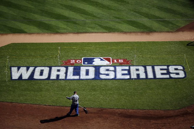 Kauffman Stadium is prepared on Media Day for the Major League Baseball World Series between the New York Mets and the Kansas City Royals in Kansas City, Mo. on Oct. 26, 2015. (David Goldman—AP)