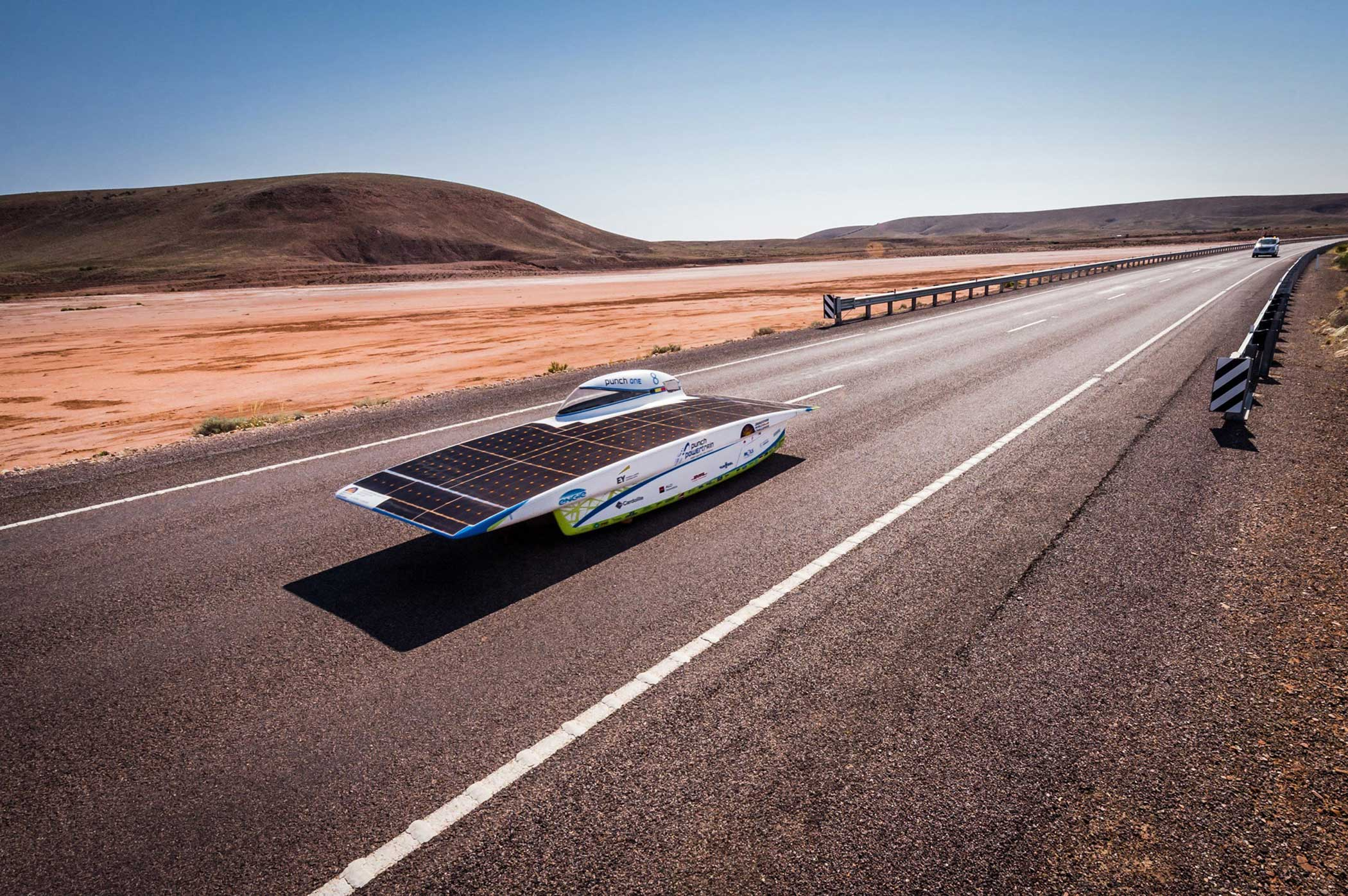 The Belgian Punch Powertrain Solar Team near Glendambo as the team races on day four of the 2015 World Solar Challenge on Oct. 21, 2015.