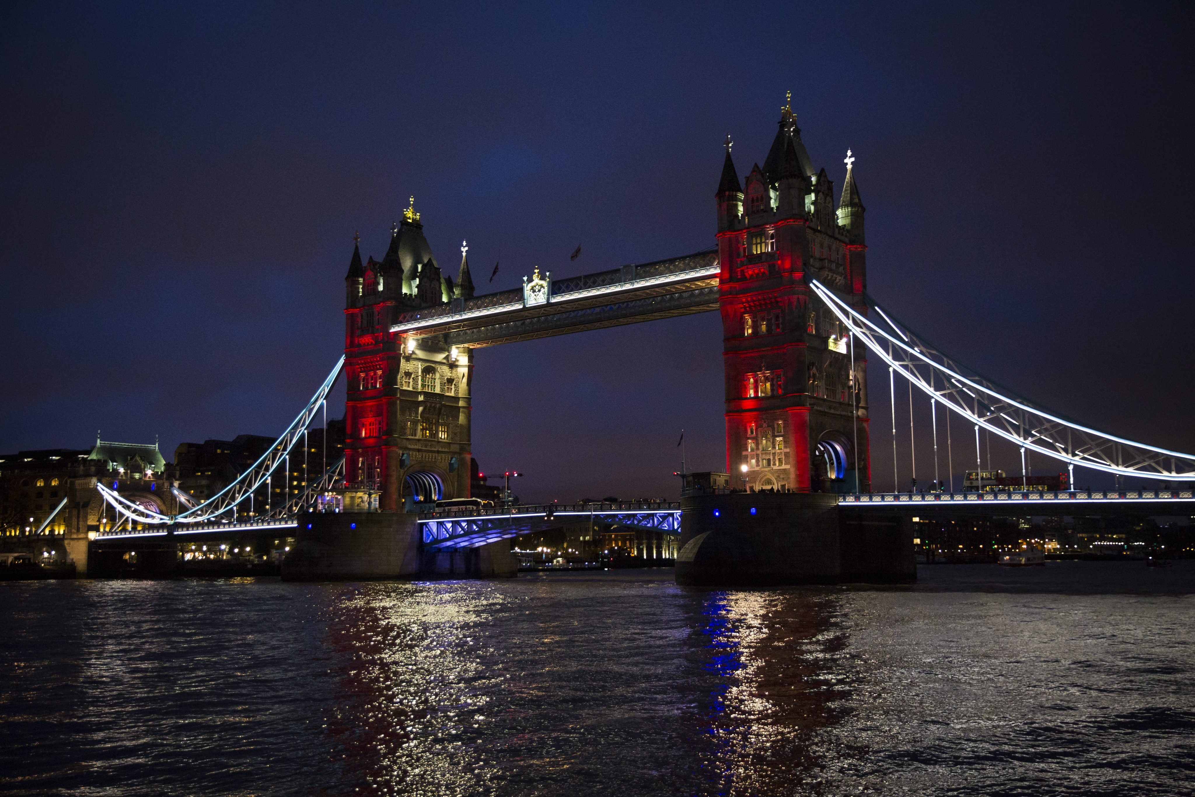 Tower Bridge in central London, Britain is lit in the colors of the French flag on Nov. 14, 2015.