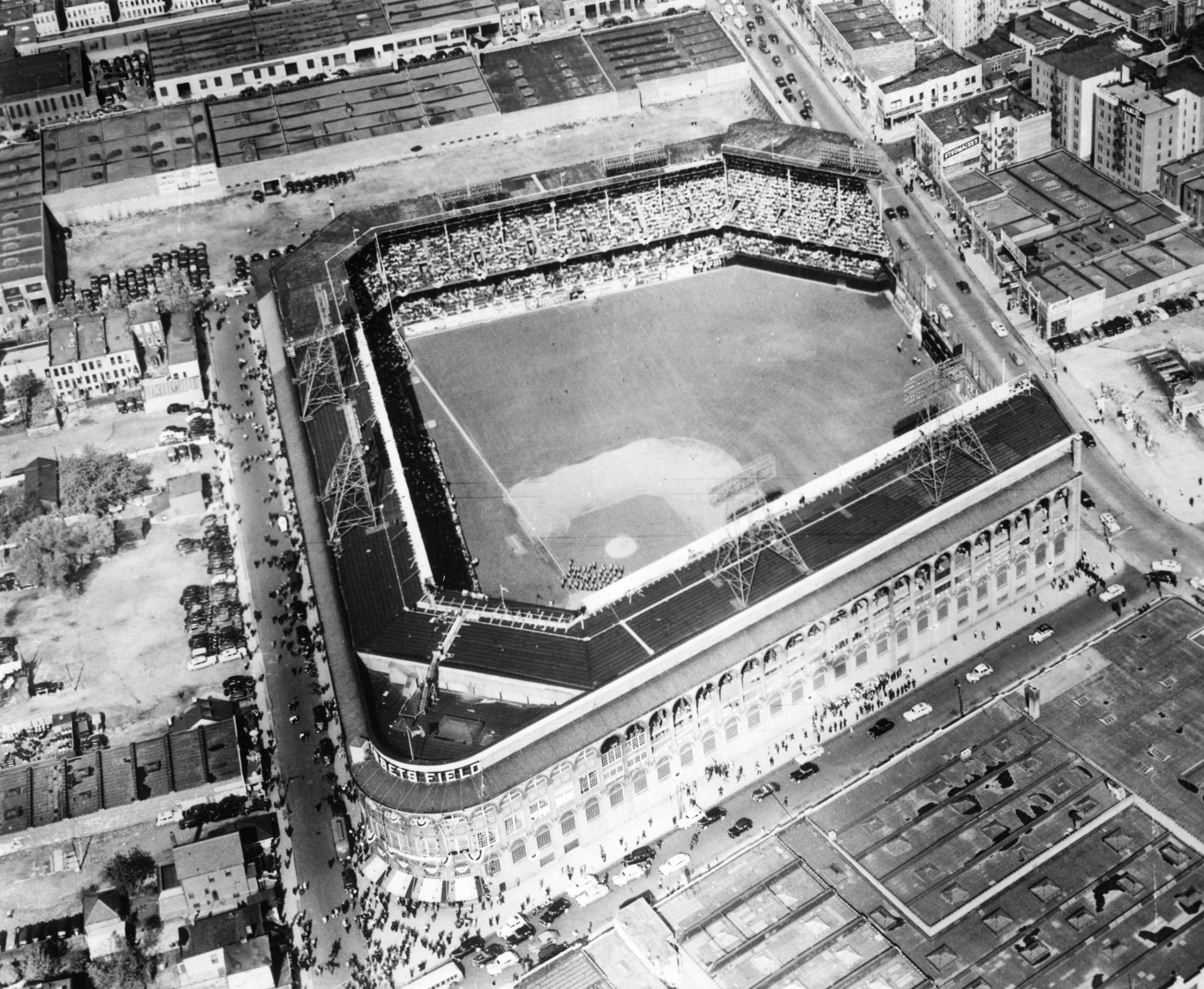 This aerial photo, from high above Brooklyn, shows Ebbets Field in 1950.