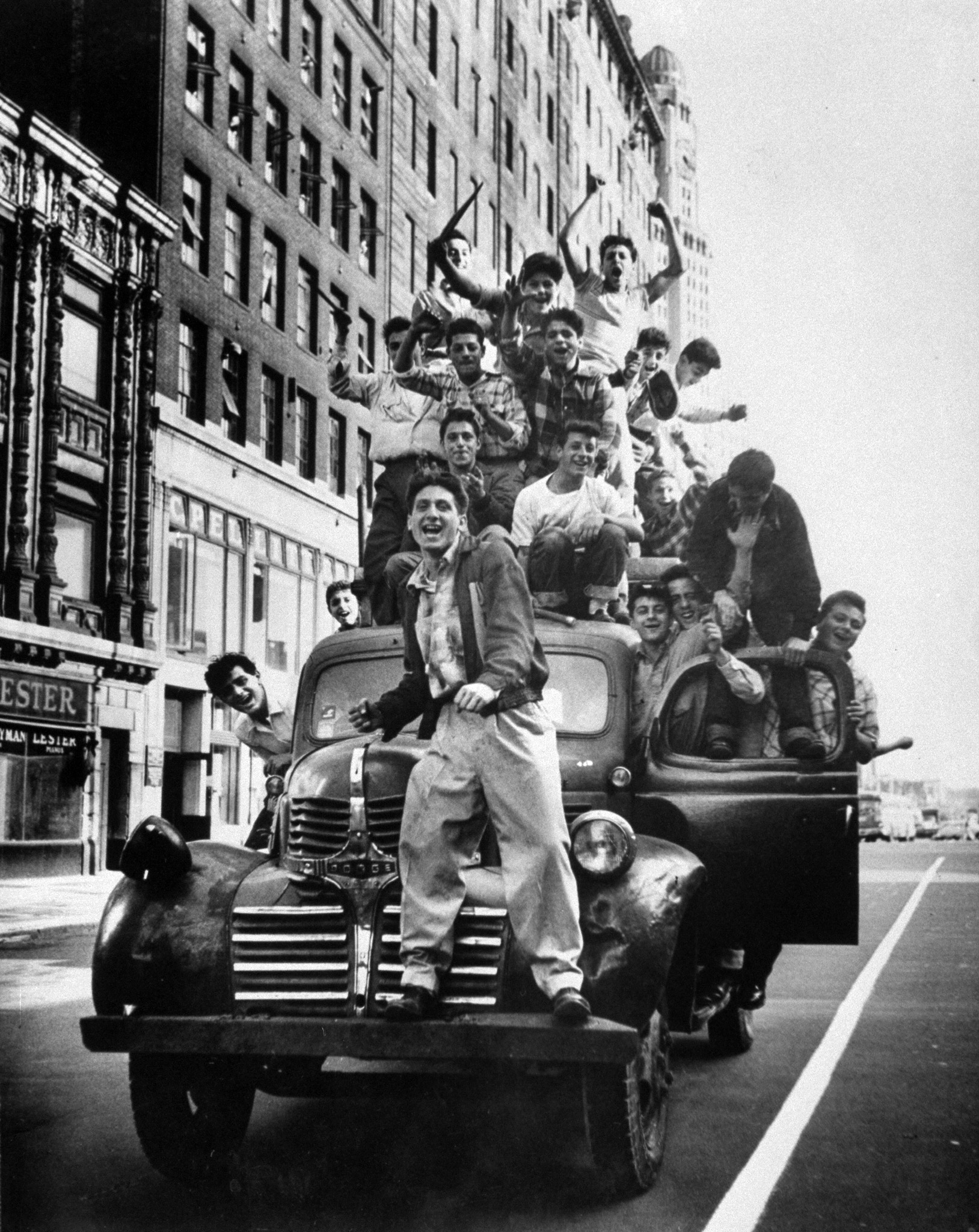 Fans celebrating Dodgers' World Series victory, 1955, Brooklyn.