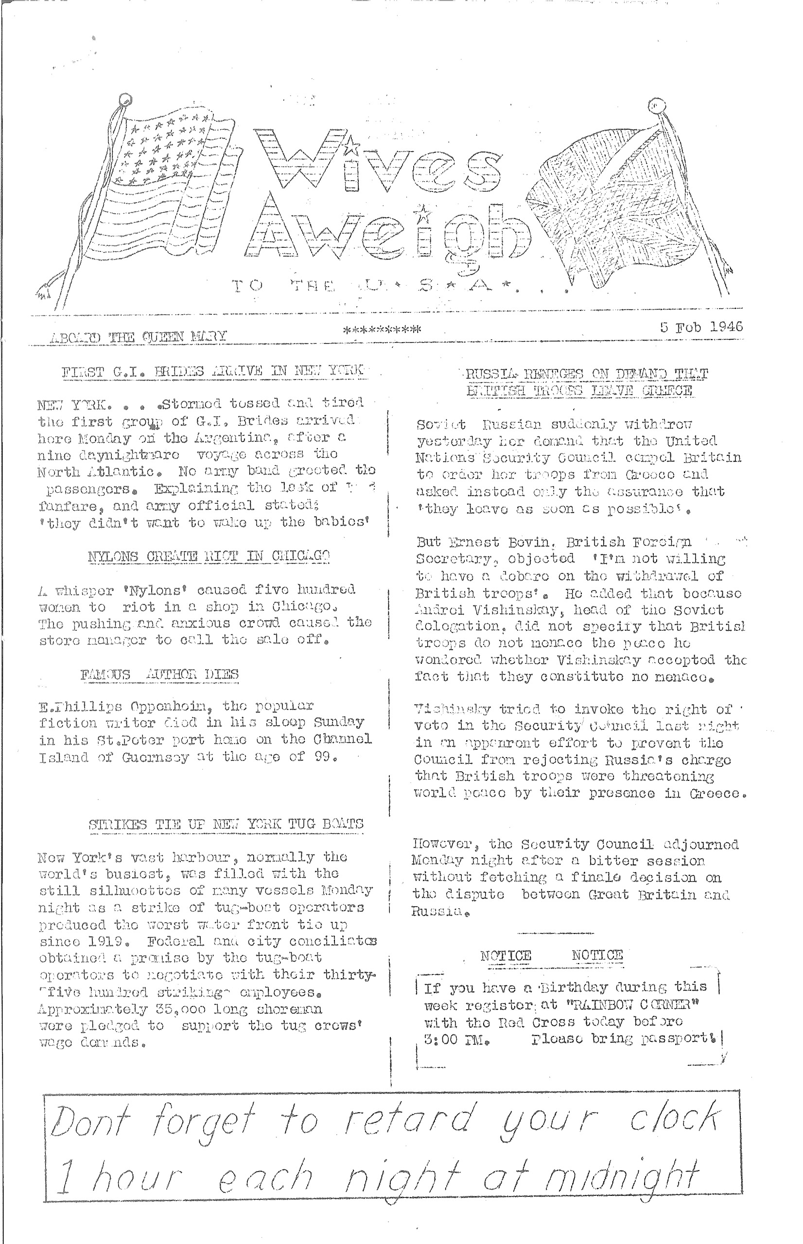 Wives Aweigh Newsletter, February 5, 1946.