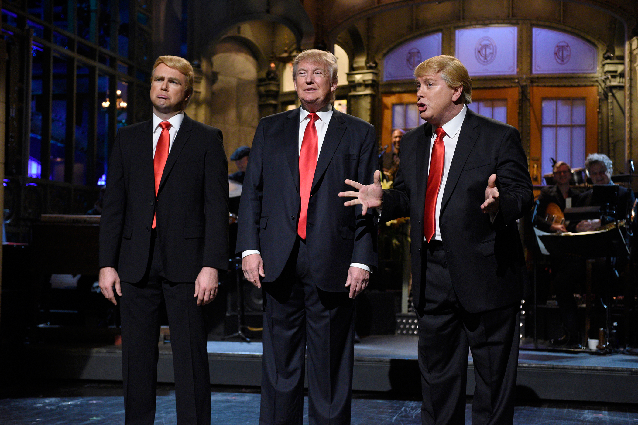Saturday Night Live "Donald Trump" Episode with (l-r) Taran Killam, Donald Trump, and Darrell Hammond during the monologue on November 7, 2015.