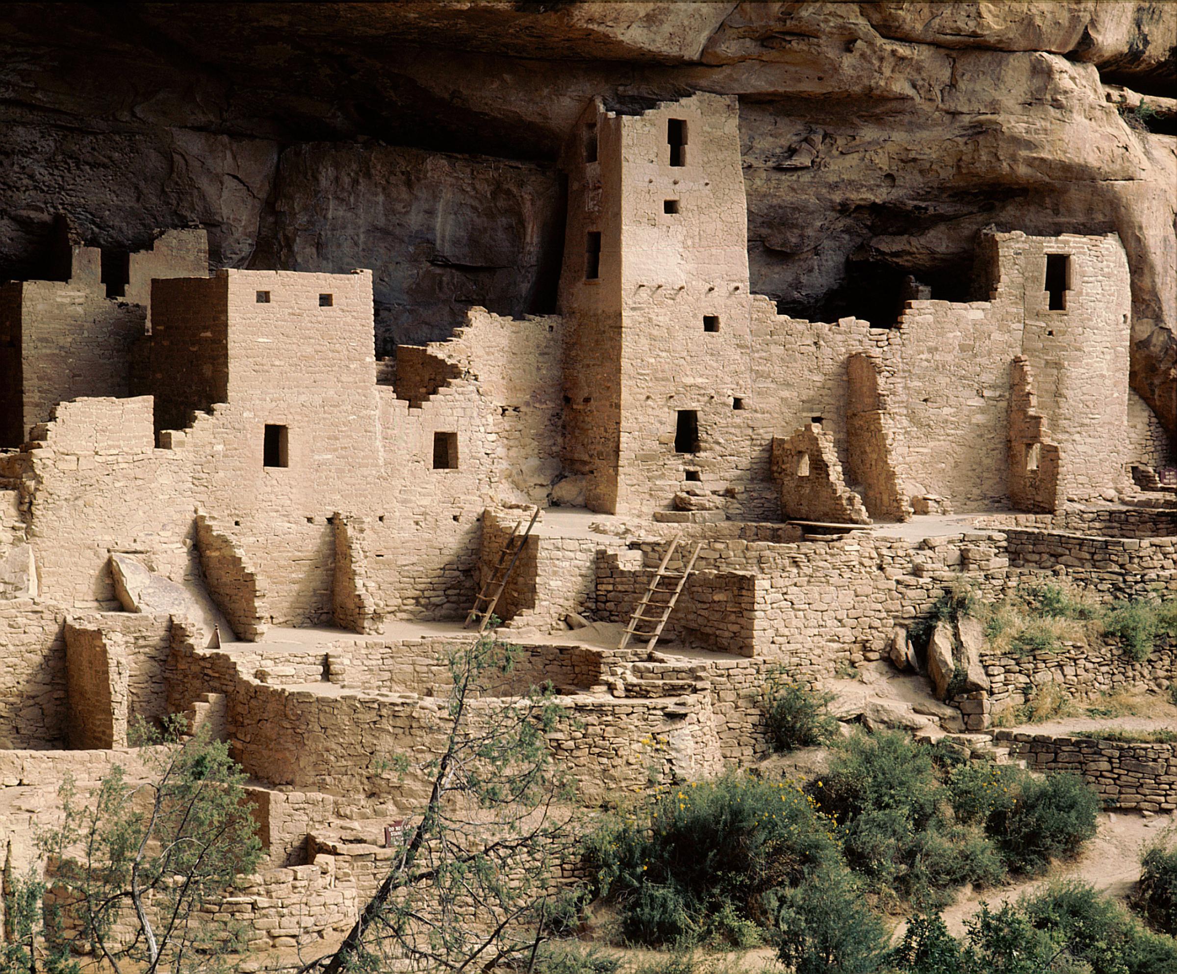 Part of the Cliff Palace at Mesa Verde showing dwellings and kivas, The kivas may be distinguished by their circular shape. USA. Basketmaker and Pueblo. 12th c AD. Colorado.