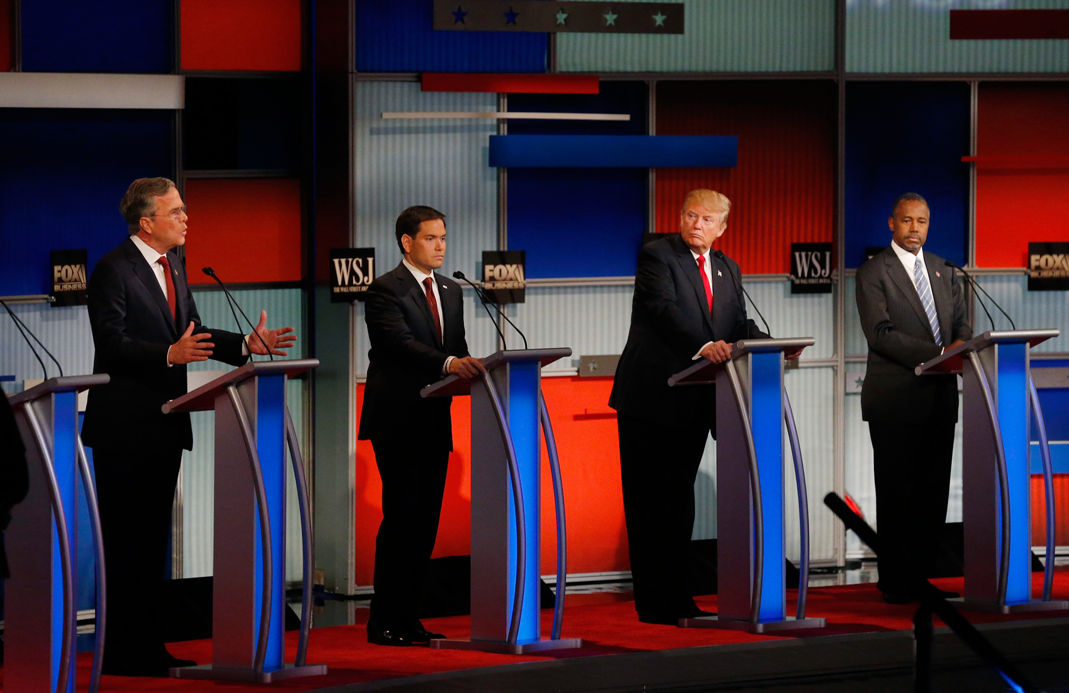 Republican U.S. presidential candidate and former Governor Jeb Bush (L) speaks as U.S. Senator Marco Rubio (2nd L), businessman Donald Trump and Dr. Ben Carson (R) listen during the debate held by Fox Business Network for the top 2016 U.S. Republican presidential candidates in Milwaukee, Wisconsin, November 10, 2015. (Jim Young&mdash;Reuters)