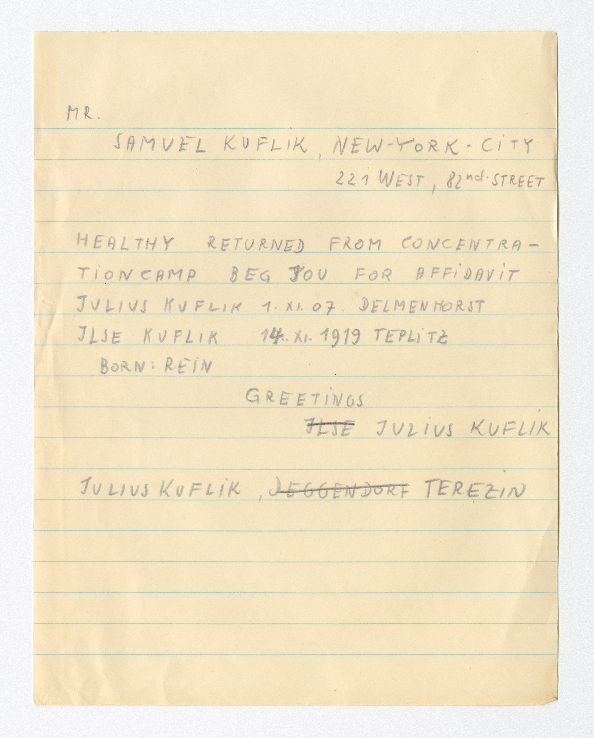 Draft telegram sent by survivors seeking information and assistance.