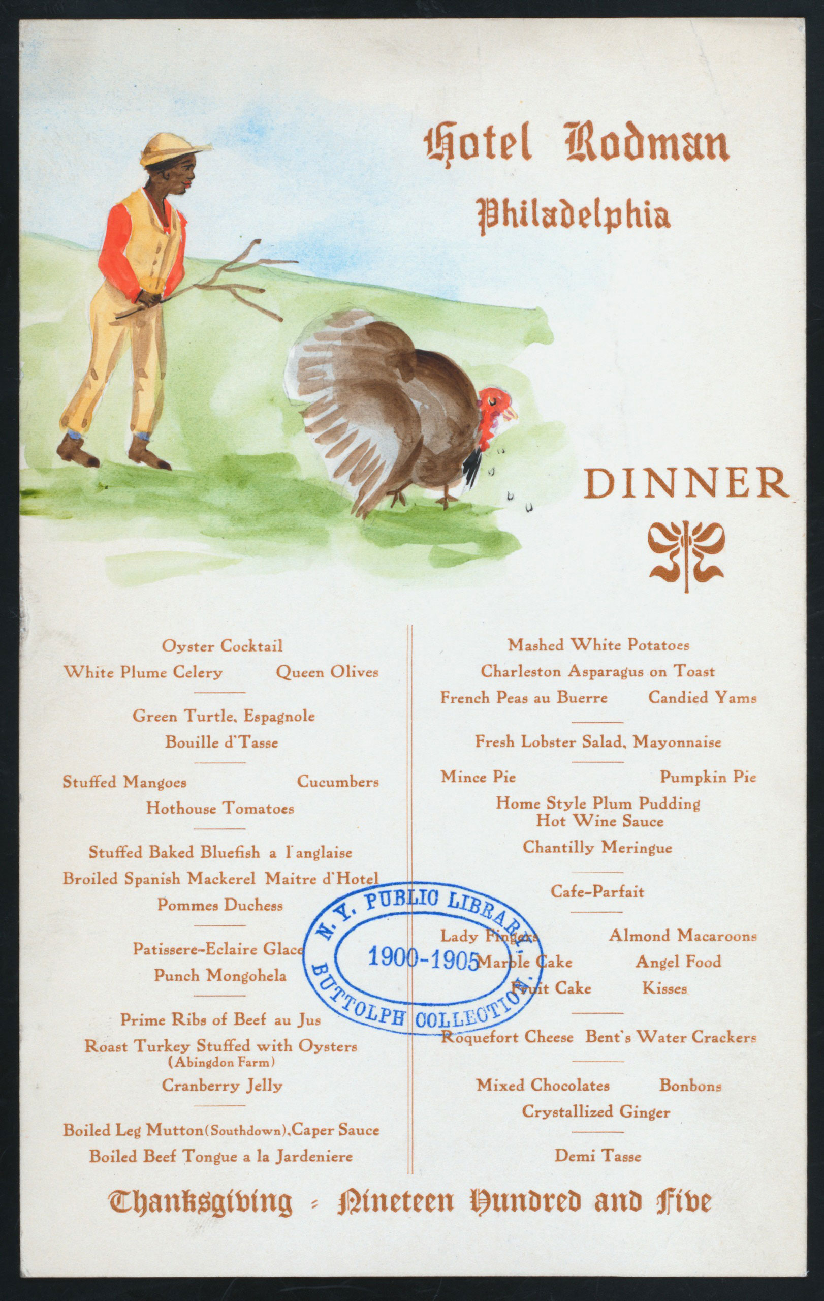 Thanksgiving Dinner menu at the Hotel Rodman in Philadelphia, PA, 1905.