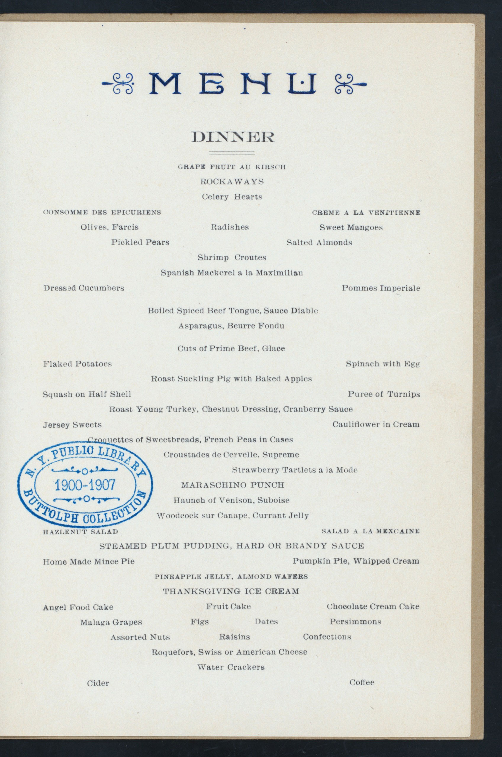Thanksgiving Day Dinner menu at the Martinsville Sanatarium in Martinsville, IND, 1906.