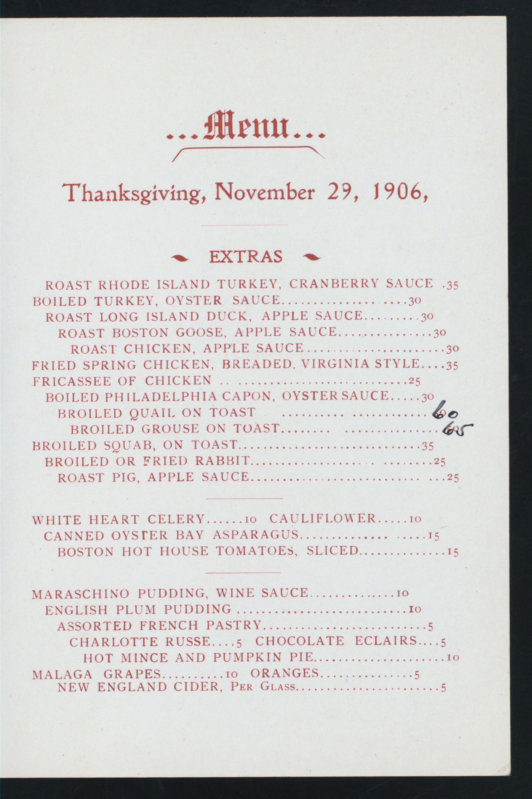 Thanksgiving Day menu at M.F. Lyons Dining Rooms at 261 Bowery, NY, 1906.
