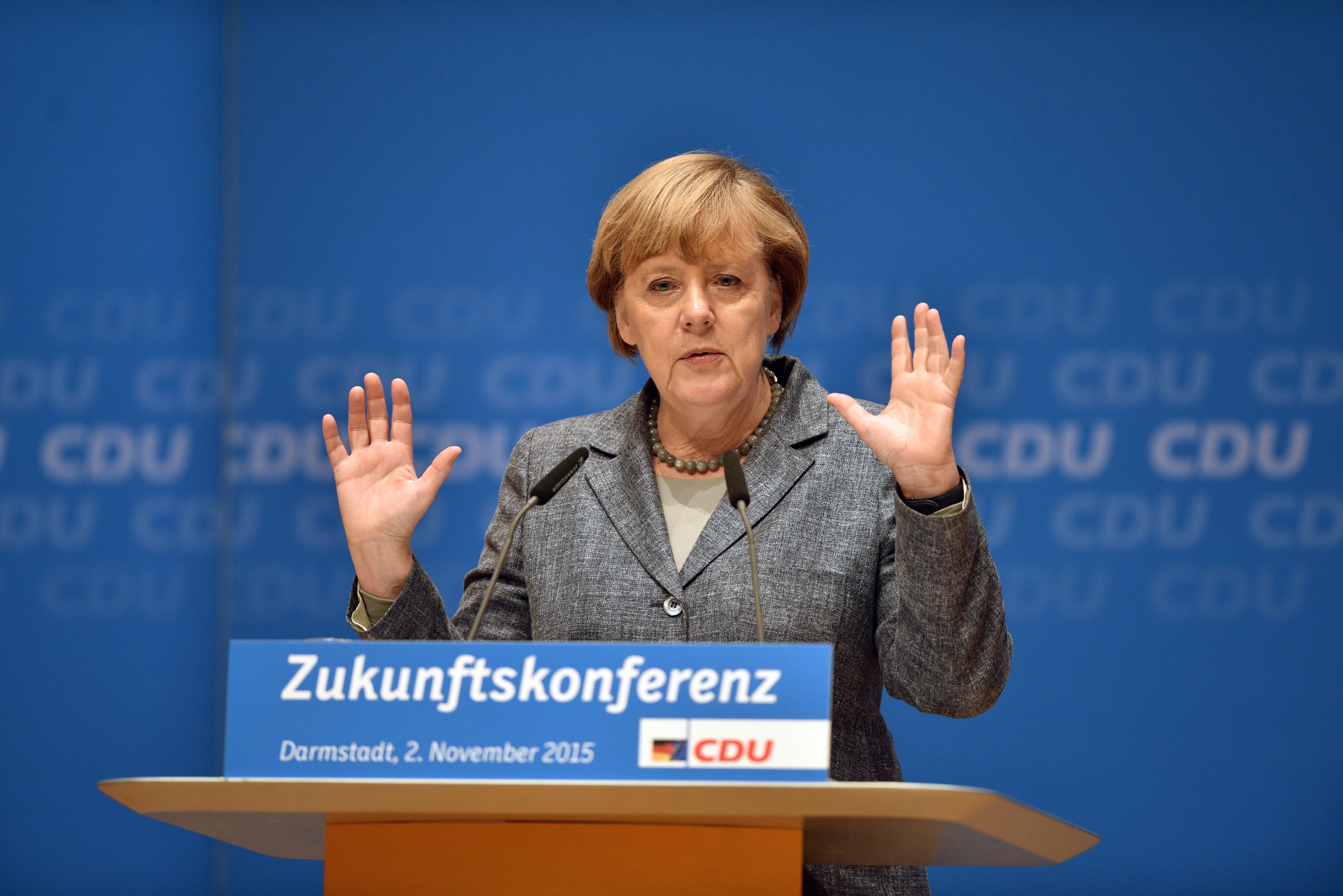 German Chancellor and Chairwoman of the German Christian Democrats (CDU) Angelika Merkel speaks to CDU members while attending a regional "Future Conference" on Nov. 2, 2015 in Darmstadt, Germany.