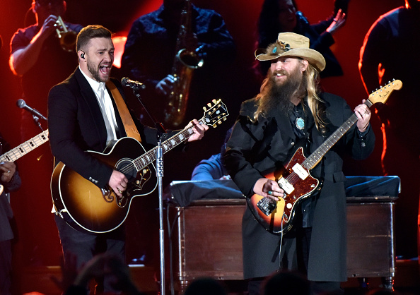 Musician Justin Timberlake (L) performs onstage with Singer-songwriter Chris Stapleton (R)performs onstage at the 49th annual CMA Awards at the Bridgestone Arena on November 4, 2015 in Nashville, Tennessee (Frederick Breedon—FilmMagic/Getty Images)