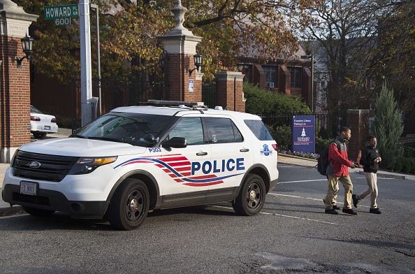 DC Metro Police patrol the front gates of Howard University in Washington, DC, on November 12, 2015, as the campus tightens security after an online death threat was issued against the historically black college. (JIM WATSON&mdash;AFP/Getty Images)