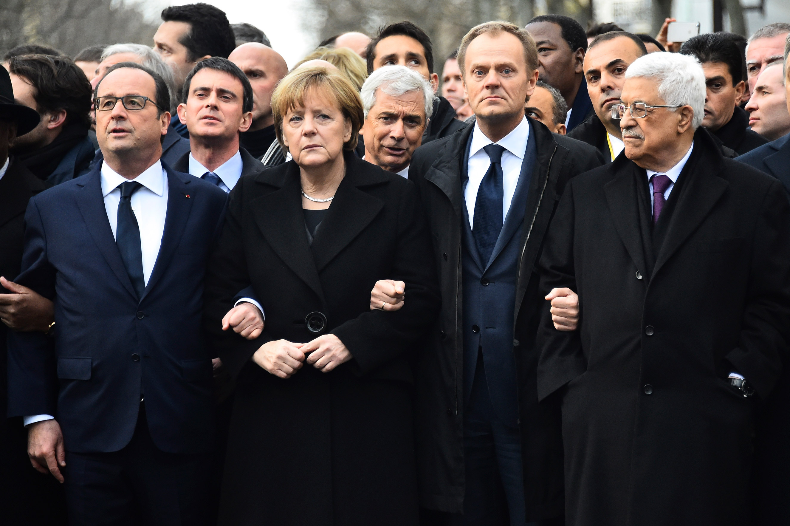 From left: French President Francois Hollande, Chancellor Angela Merkel, President of the European Council Donald Tusk, Palestinian Authority President Mahmoud Abbas during a silent march against terrorism in Paris on Jan. 11, 2015 following the terrorist attacks on the French satirical weekly Charlie Hebdo and a kosher supermarket.