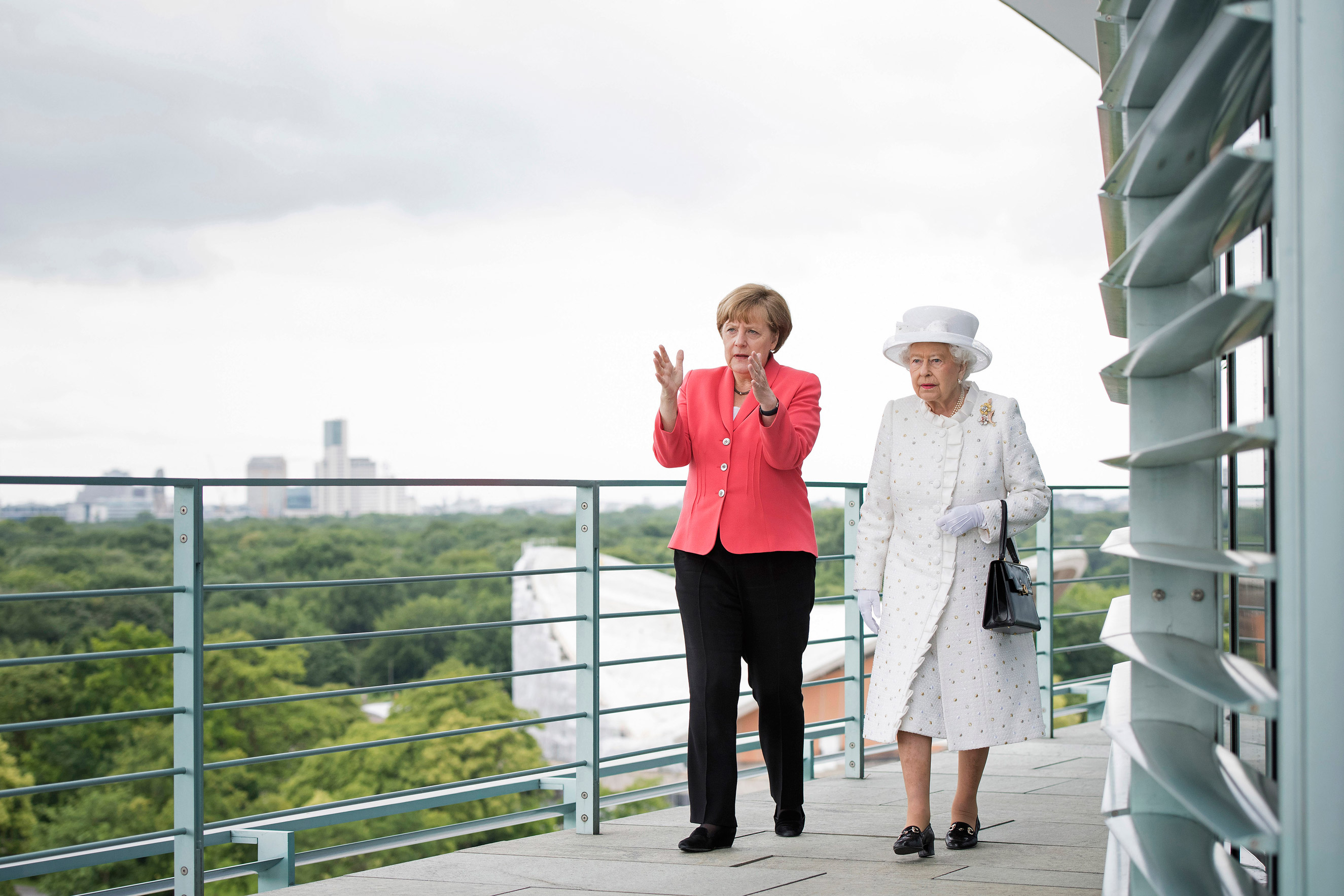 Chancellor Angela Merkel welcomes Queen Elizabeth II upon her arrival at the Federal Chancellery during the royal couple's four-day visit to Germany on June 24, 2015 in Berlin. The Queen and Prince Philip visited Berlin, Frankfurt and the concentration camp memorial at Bergen-Belsen during their first to Germany since 2004.