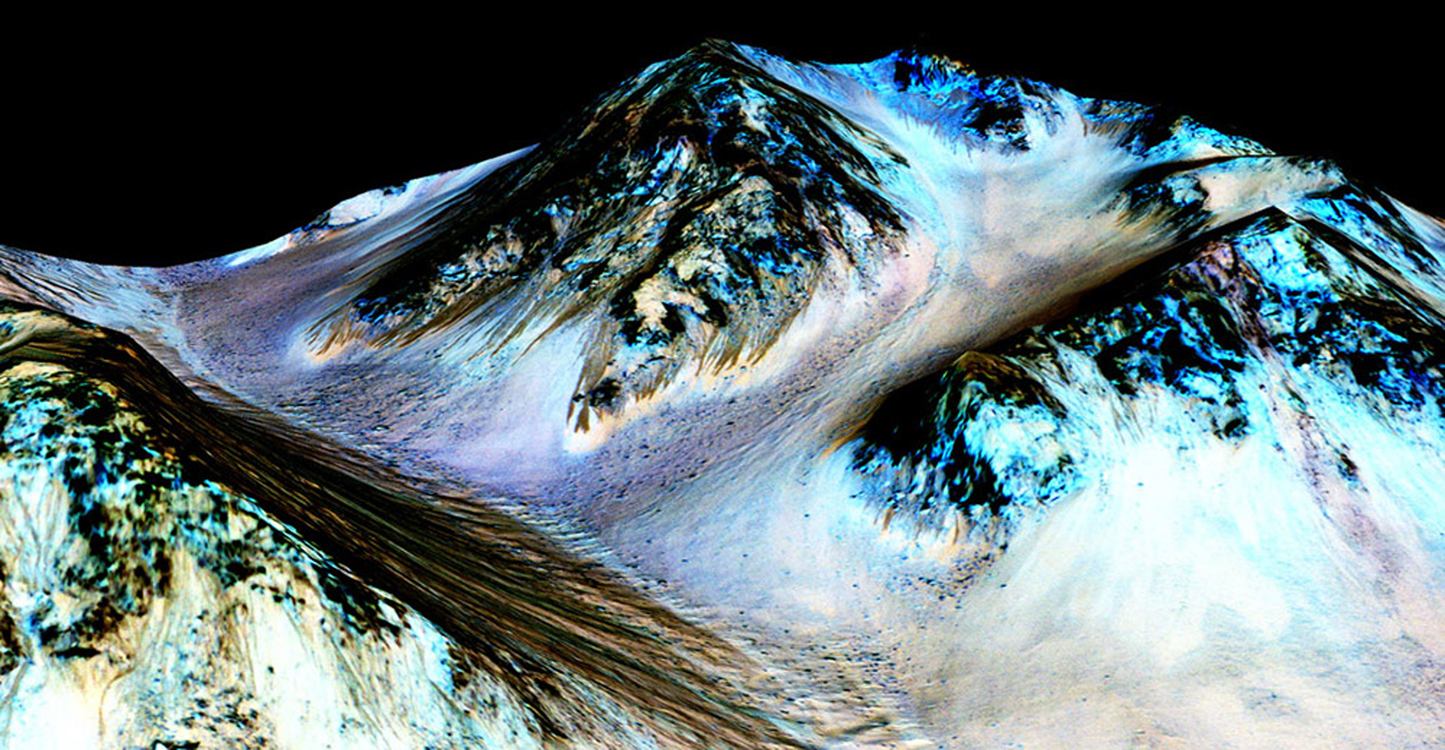 A 3-D computer model (a digital terrain map) of Hale Crater on Mars based on stereo information from two HiRISE observations showing dark, narrow streaks on the Martian slopes that are inferred to be formed by seasonal flow of water on contemporary Mars was released on Sept. 28, 2015.