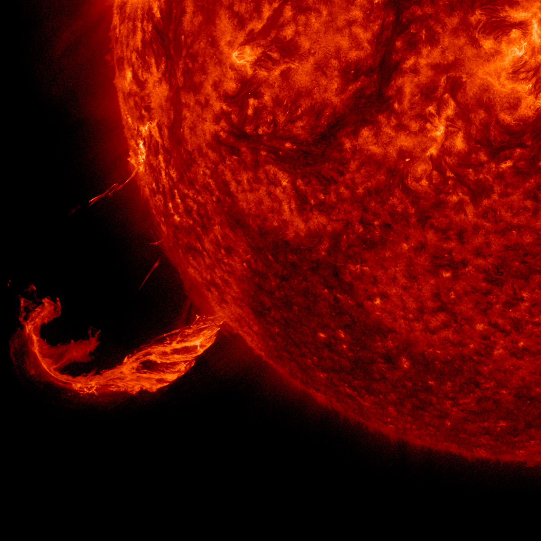 Brief Outburst The Sun blew out a coronal mass ejection along with part of a solar filament over a three-hour period (Feb. 24, 2015). While some of the strands fell back into the Sun, a substantial part raced into space in a bright cloud of particles (as observed by the SOHO spacecraft). The activity was captured in a wavelength of extreme ultraviolet light. Because this occurred way over near the edge of the Sun, it was unlikely to have any effect on Earth.https://www.flickr.com/photos/gsfc/16760026566/