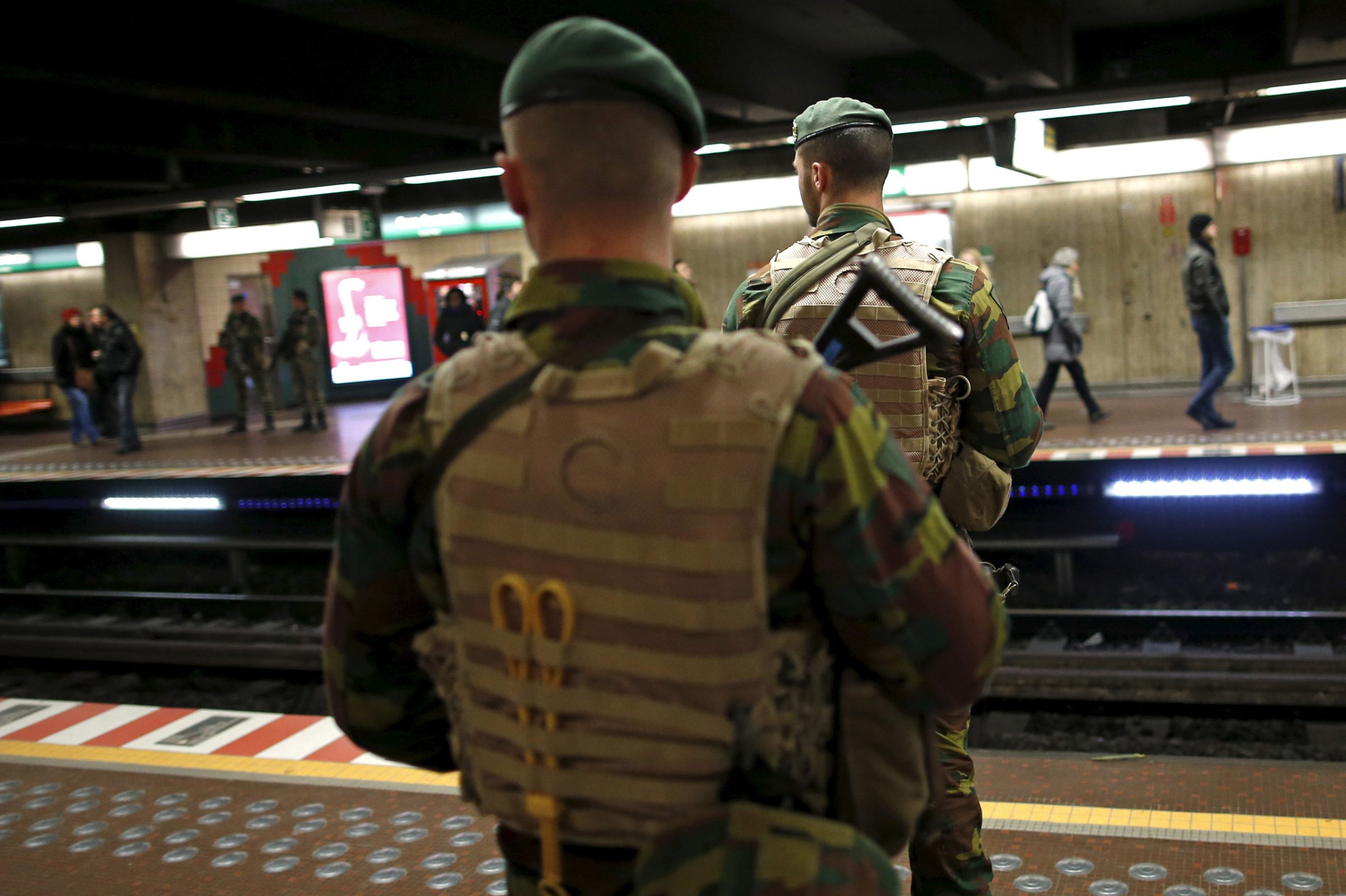 Belgian soldiers patrol at the Central Station subway stop in Brussels