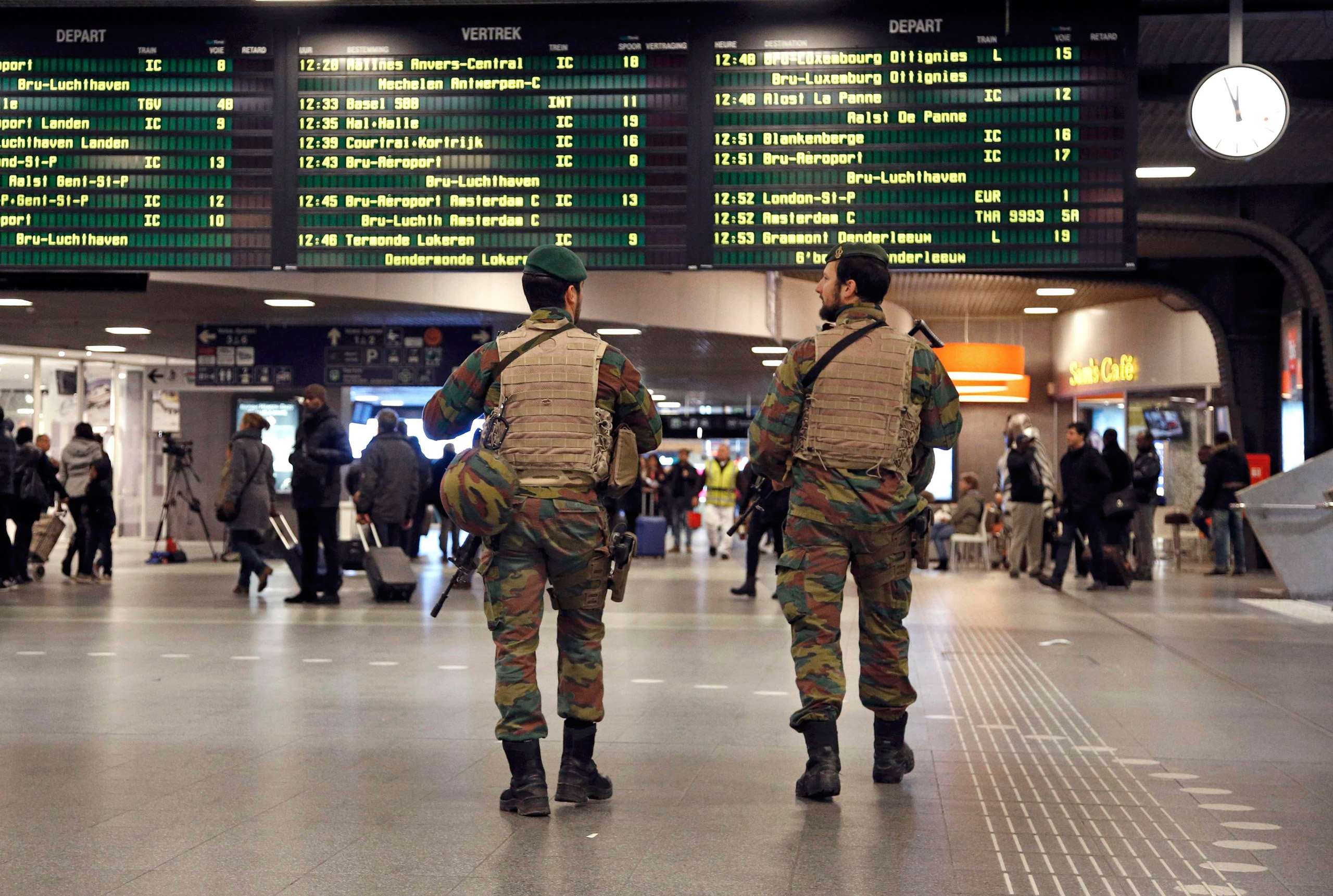 Belgian soldiers patrol in the arrival hall at Midi railway station, after security was tightened following the fatal attacks in Paris, in Brussels, on Nov. 21, 2015, (Francois Lenoir—Reuters)