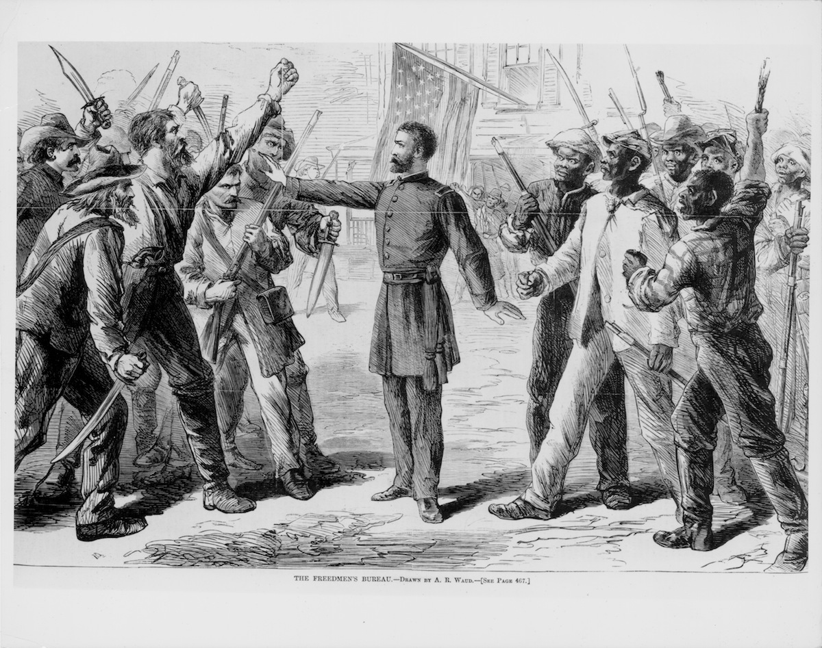 Engraved scene representing The Freedmen's Bureau, a government agency protecting freed slaves during the American Civil War, 1873. (American Stock Archive / Getty Images)