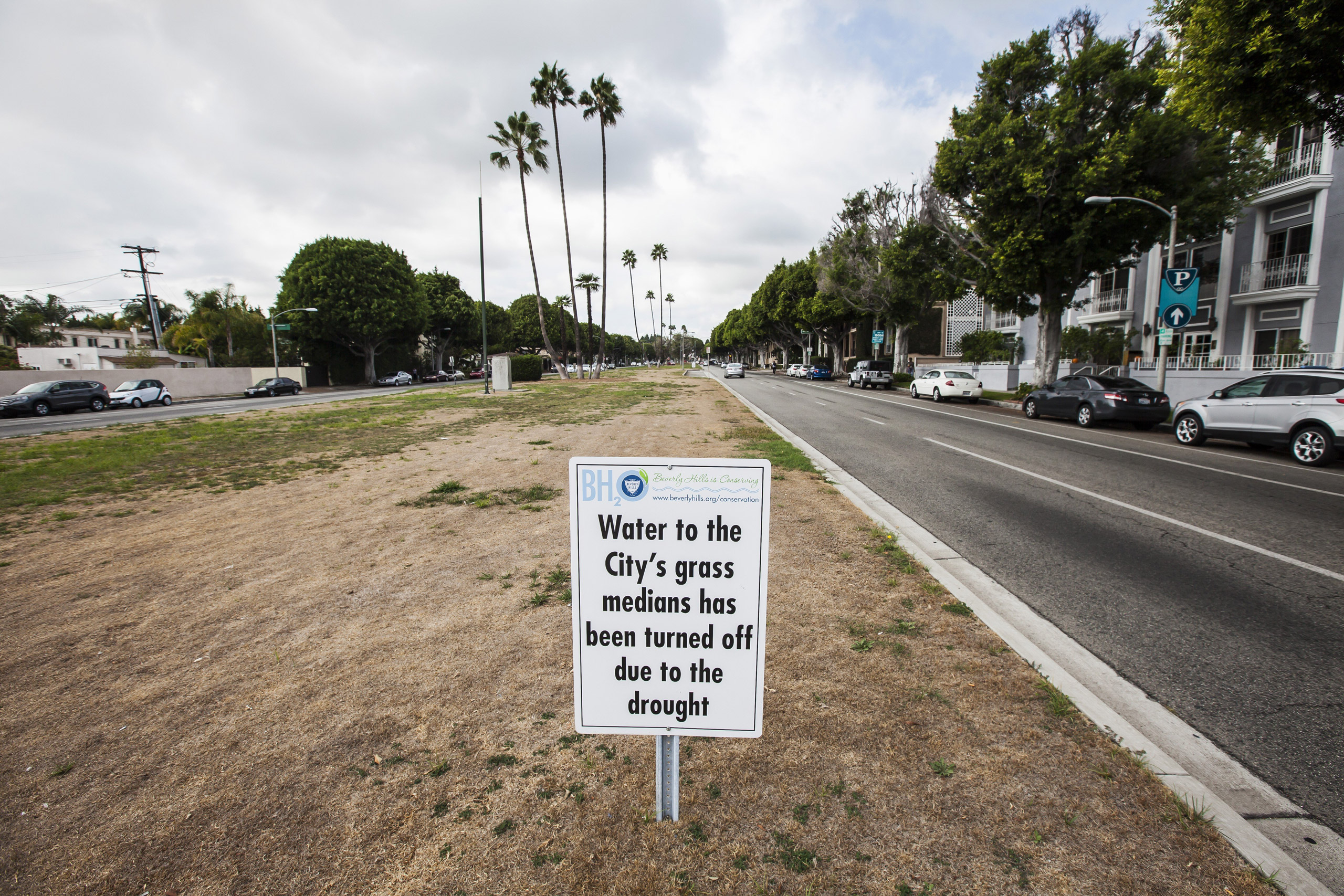 A sign in Beverly Hills, put up after the city was fined $61,000 by the state's water resources board for water wasting, is pictured on Nov. 2, 2015. (Ted Soqui—Demotix/Corbis)