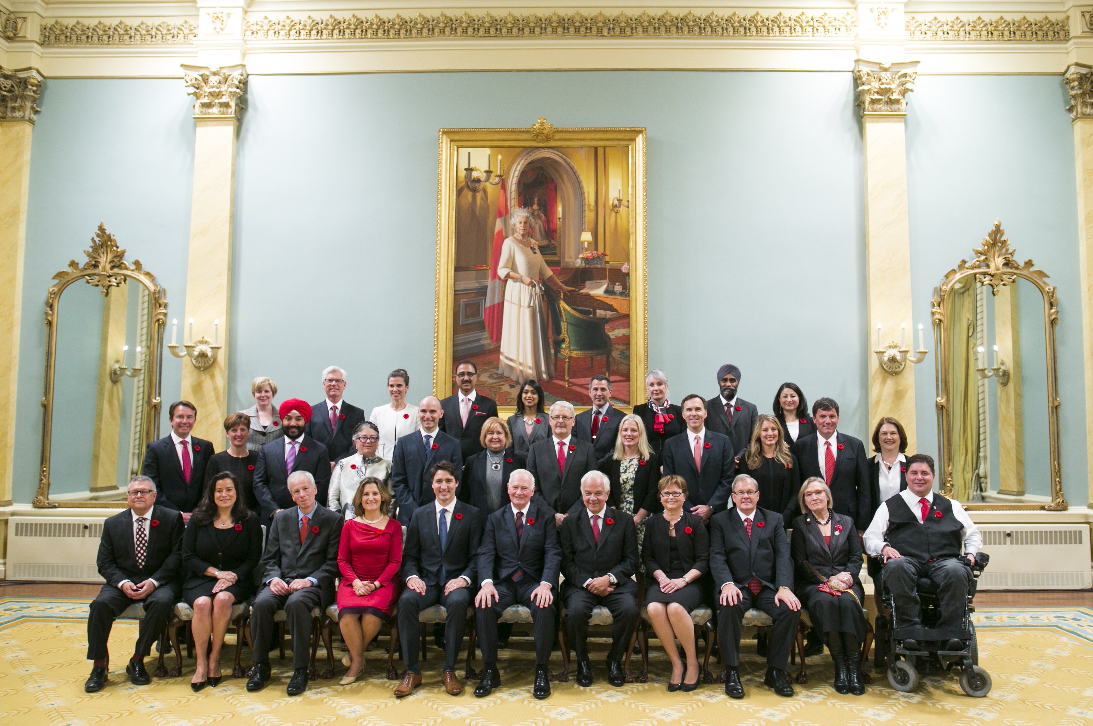 Newly elected Canadian Prime Minister Justin Trudeau takes a group photo with his Cabinet ministers at Rideau Hall in Ottawa on Nov. 4, 2015 (Chris Roussakis—Xinhua /Landov)