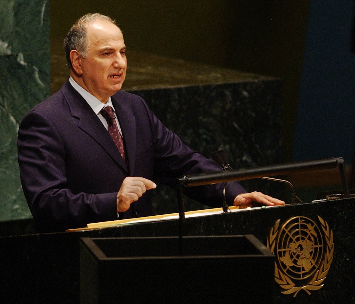 Ahmed Chalabi, one of nine rotating presidents of the Iraqi Governing Council, speaks to the 58th Session of the United Nations General Assembly, Oct. 2, 2003, at UN headquarters in New York. (Stan Honda—AFP/Getty Images)