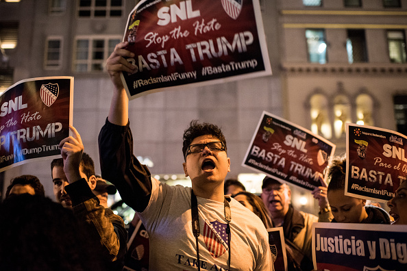 Latino organizations hold a rally against Donald Trump hosting NBC's Saturday Night Live outside of Trump Tower on November 7, 2015 in New York City. (Andrew Renneisen—2015 Getty Images)